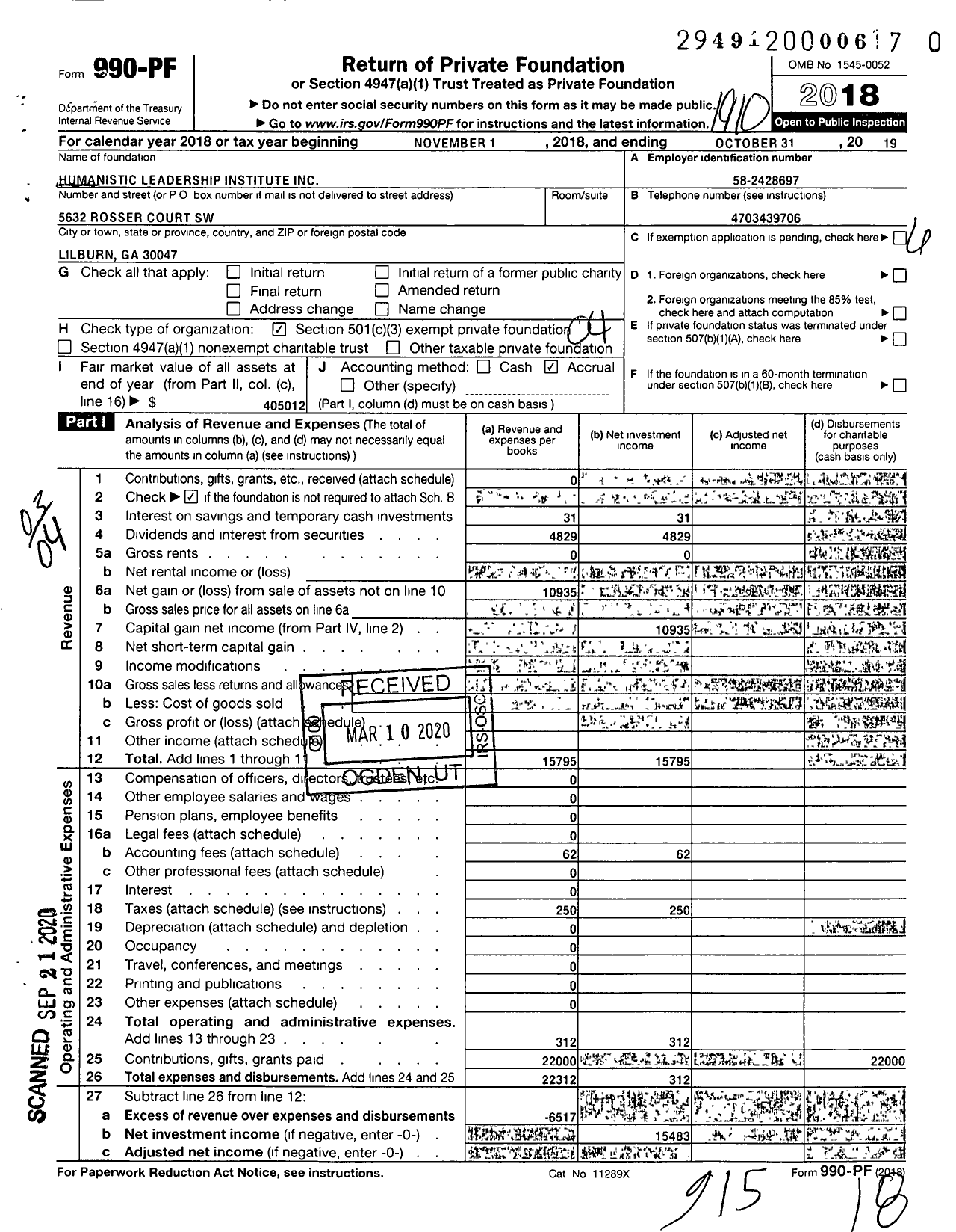 Image of first page of 2018 Form 990PR for Humanistic Leadership Institute