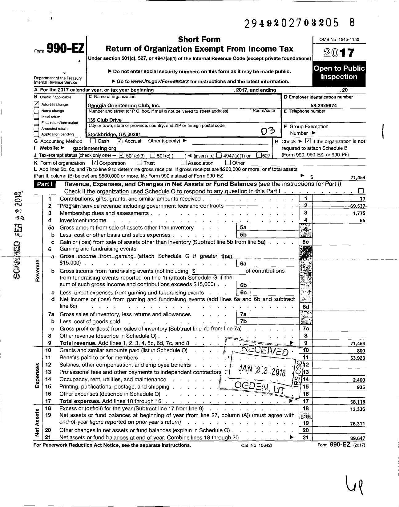 Image of first page of 2017 Form 990EZ for Georgia Orienteering Club