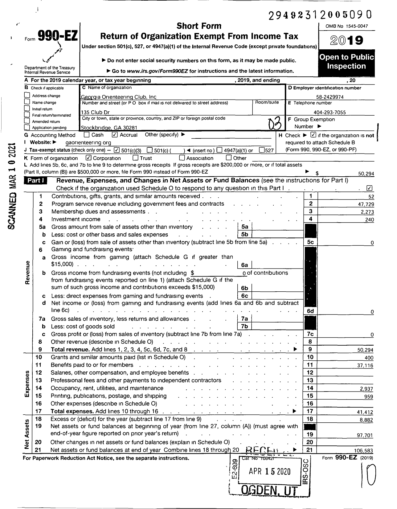 Image of first page of 2019 Form 990EZ for Georgia Orienteering Club