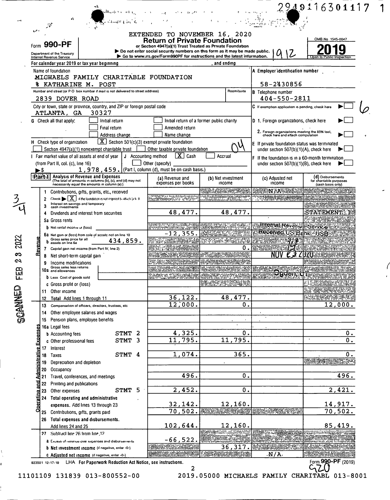 Image of first page of 2019 Form 990PF for Michaels Family Charitable Foundation