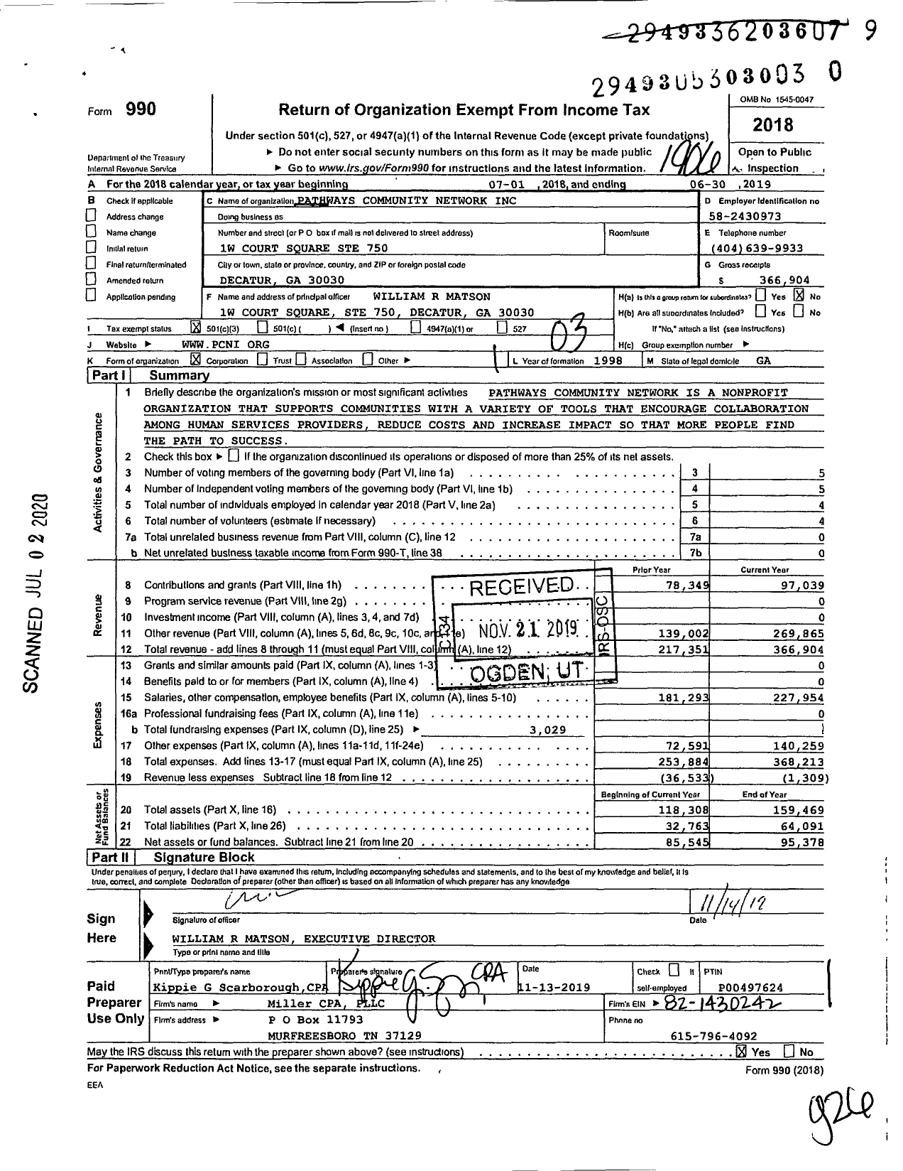 Image of first page of 2018 Form 990 for Pathways Community Network