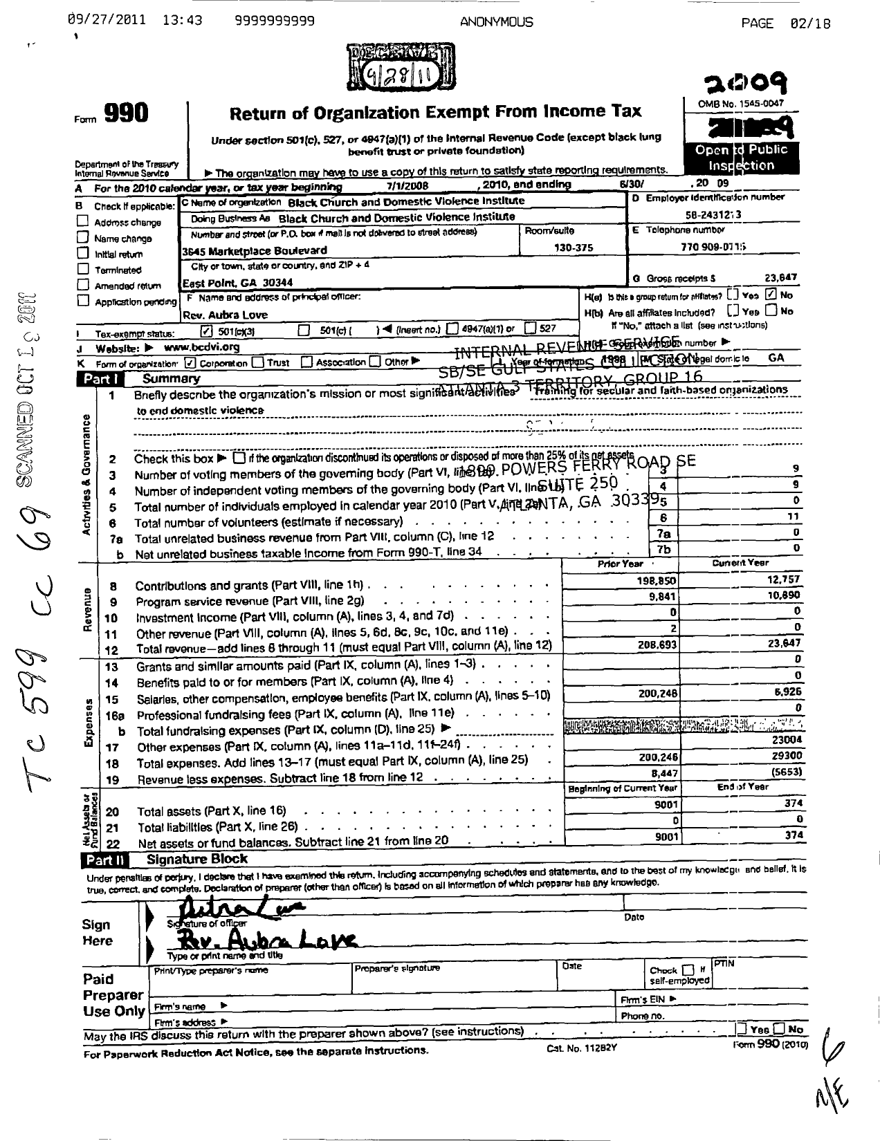 Image of first page of 2008 Form 990 for Black Church and Domestic Violence