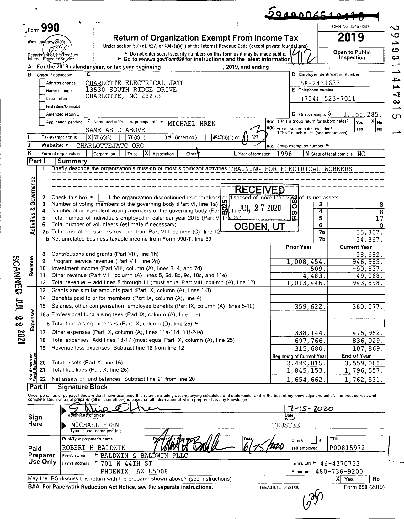 Image of first page of 2019 Form 990 for Charlotte Electrical JATC