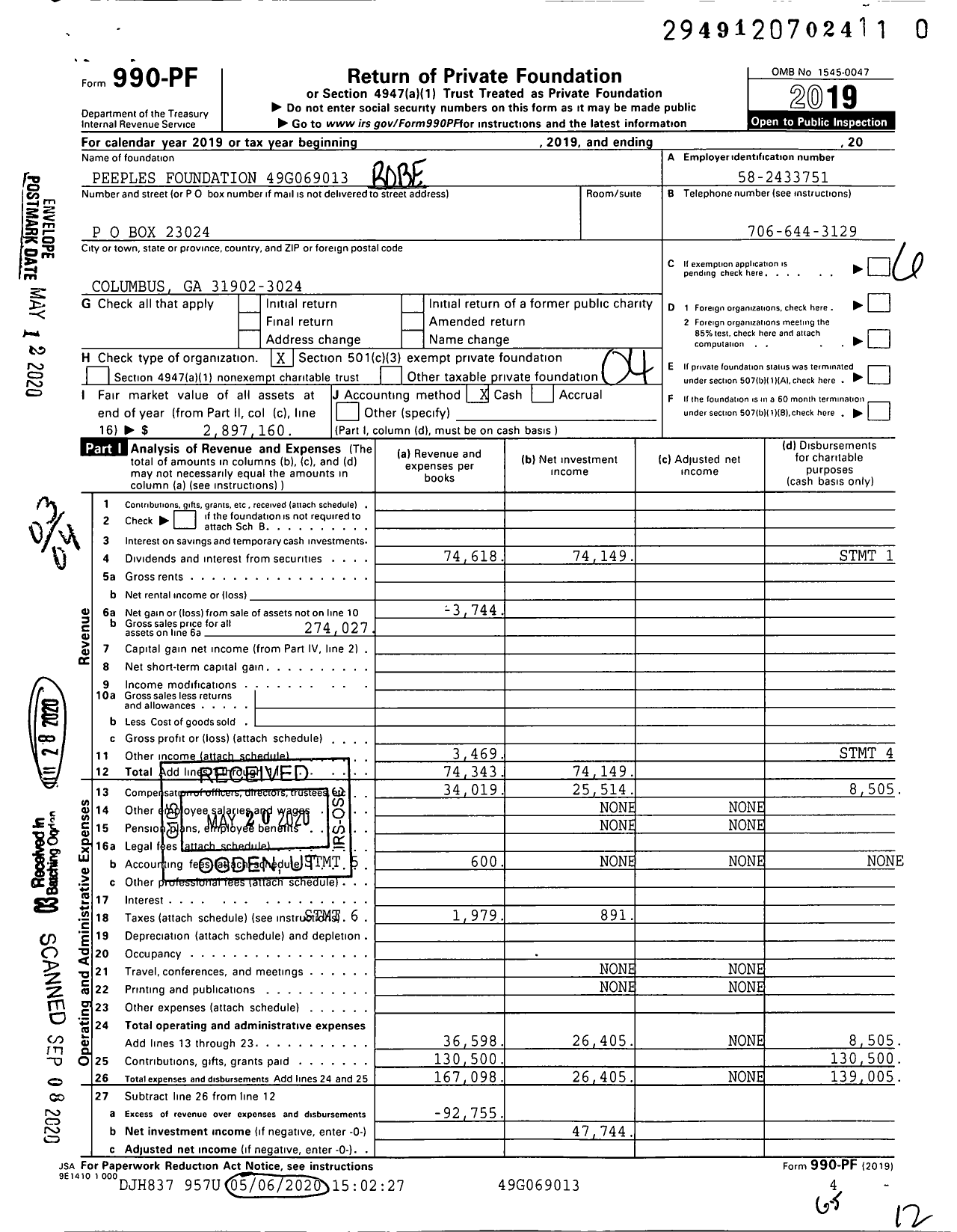 Image of first page of 2019 Form 990PR for Peeples Foundation 49g069013