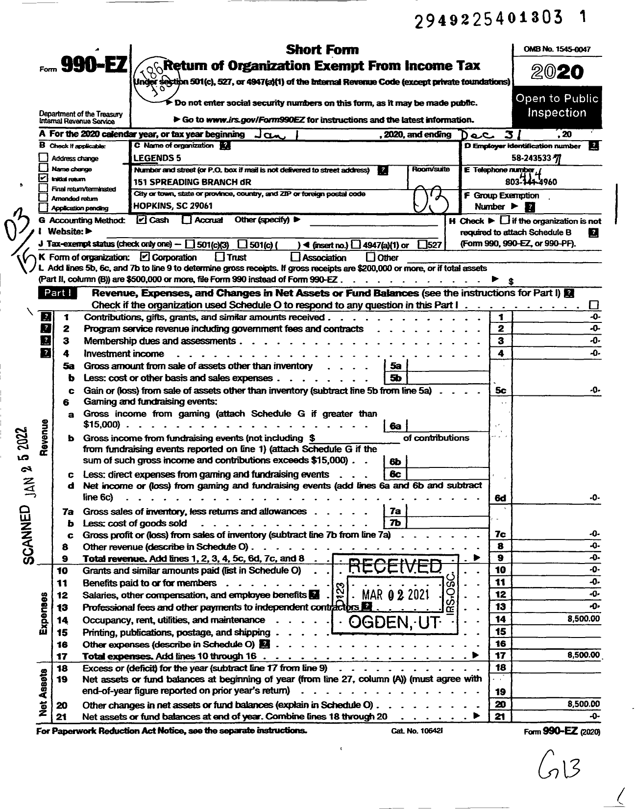 Image of first page of 2020 Form 990EZ for Legends 5