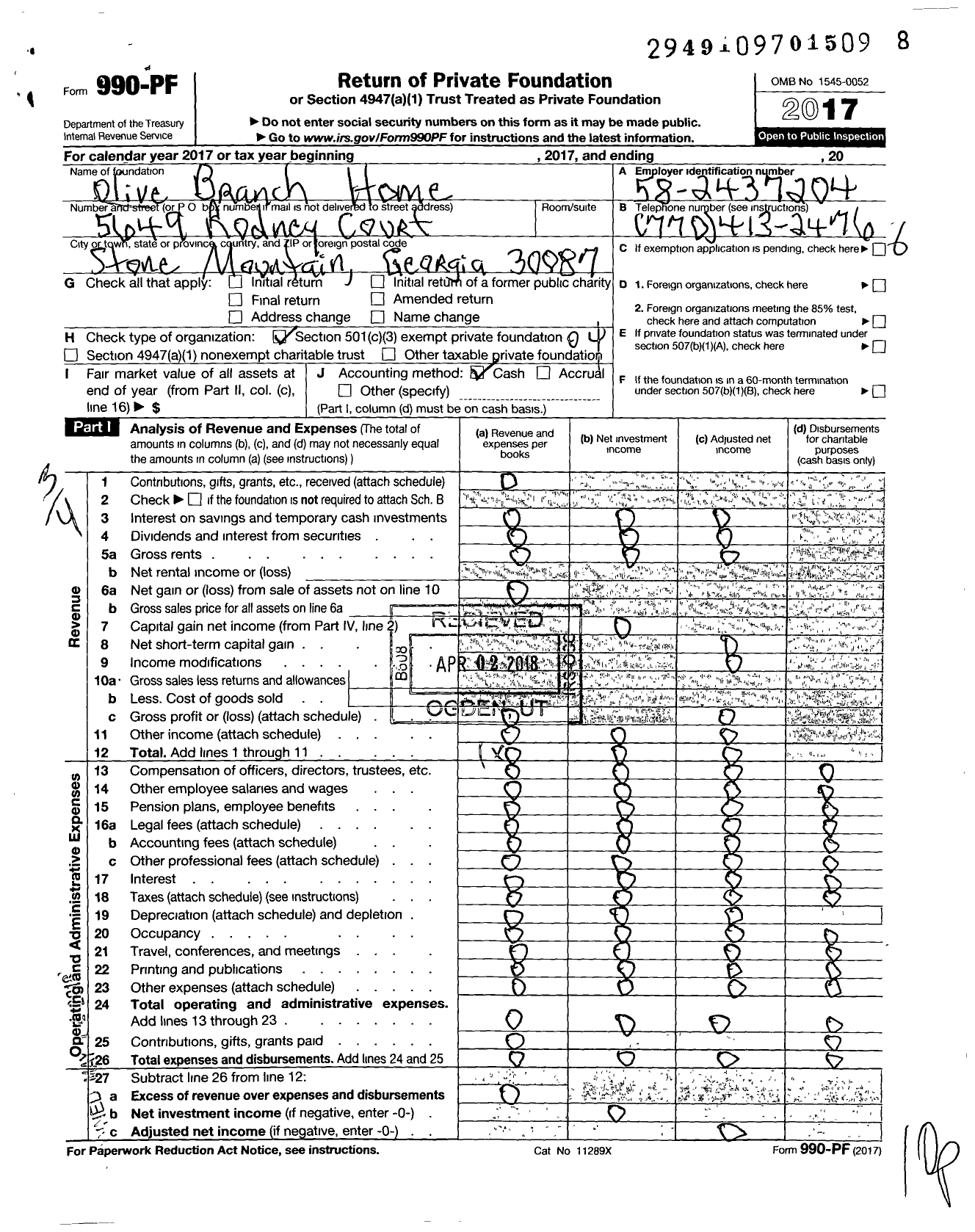 Image of first page of 2017 Form 990PF for Olieve Branch Home for Neglected