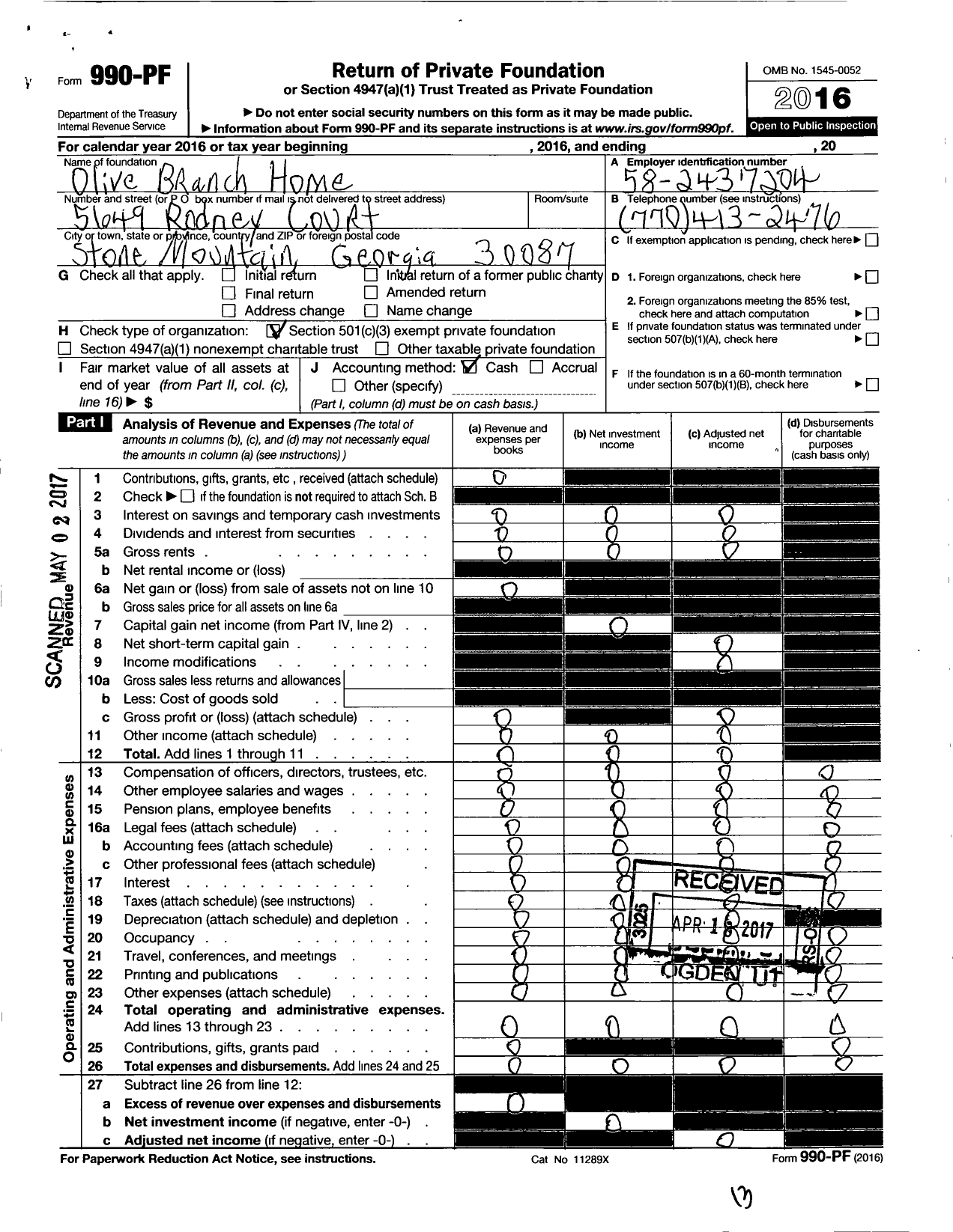 Image of first page of 2016 Form 990PF for Olieve Branch Home for Neglected