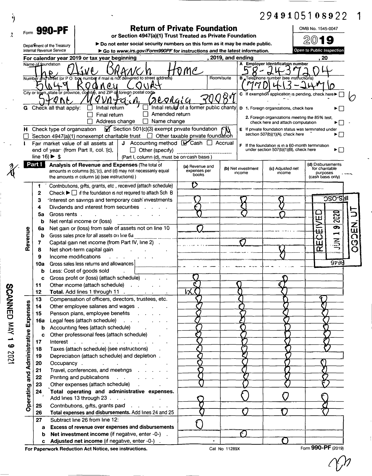 Image of first page of 2019 Form 990PF for Olieve Branch Home for Neglected