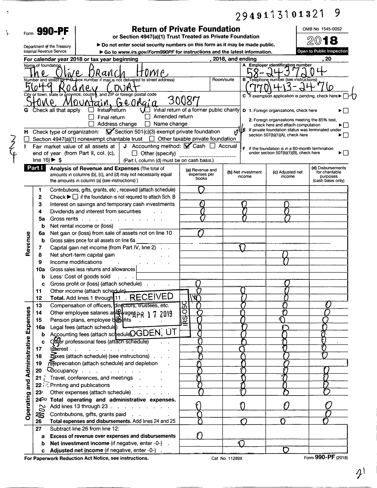 Image of first page of 2018 Form 990PF for Olieve Branch Home for Neglected