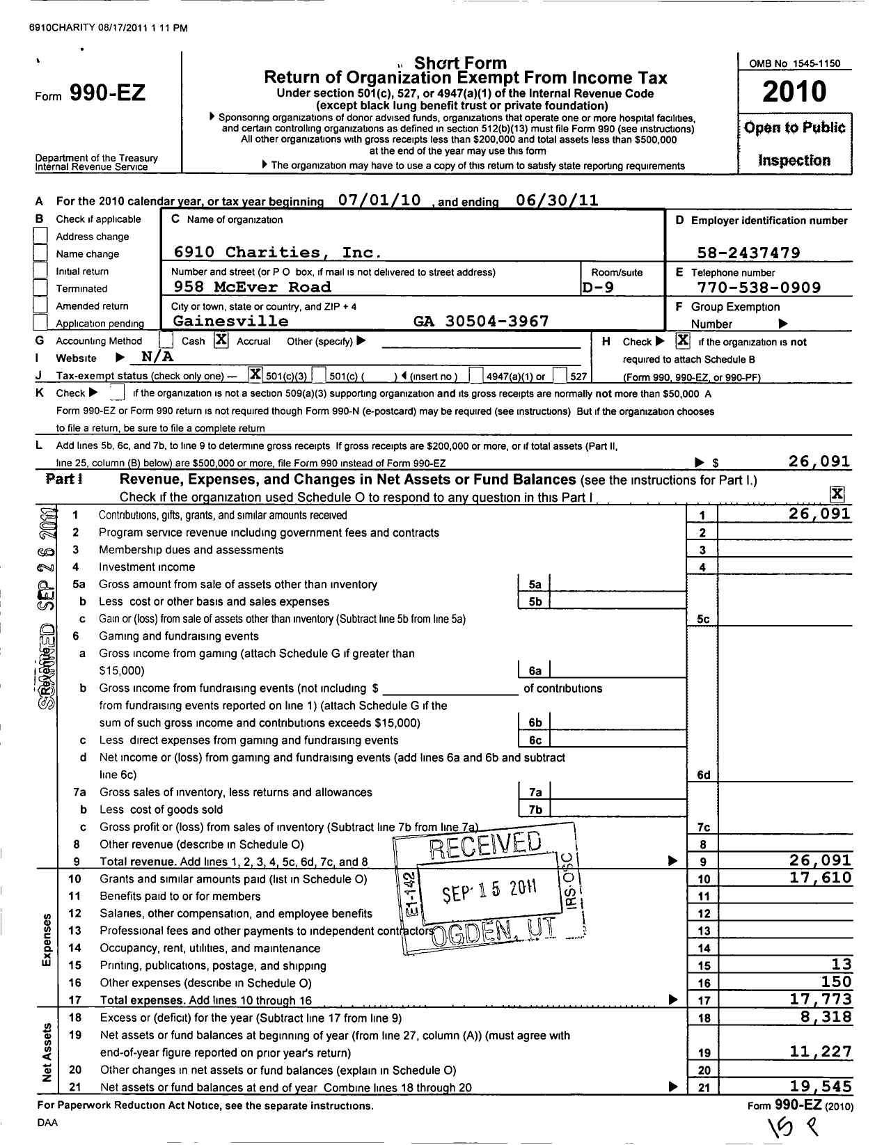 Image of first page of 2010 Form 990EZ for 6910 Charities