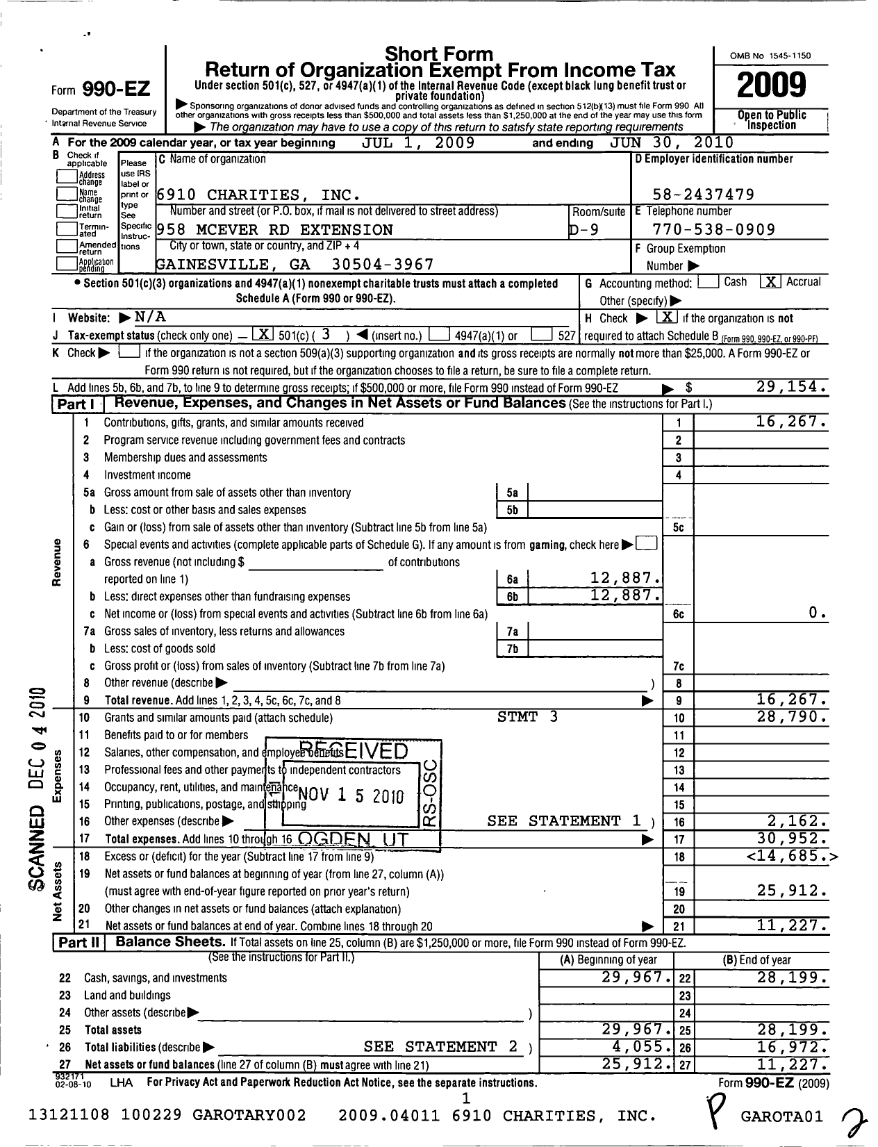 Image of first page of 2009 Form 990EZ for 6910 Charities