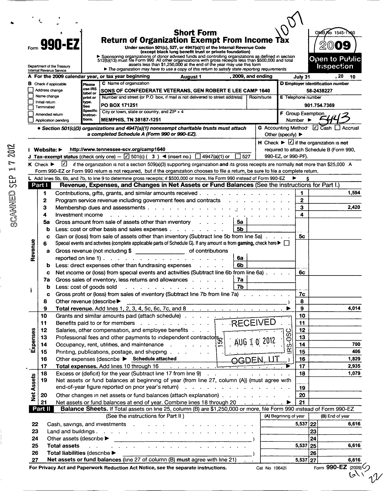 Image of first page of 2009 Form 990EZ for Sons of Confederate Veterans - 1640 the Gen Robert E Lee