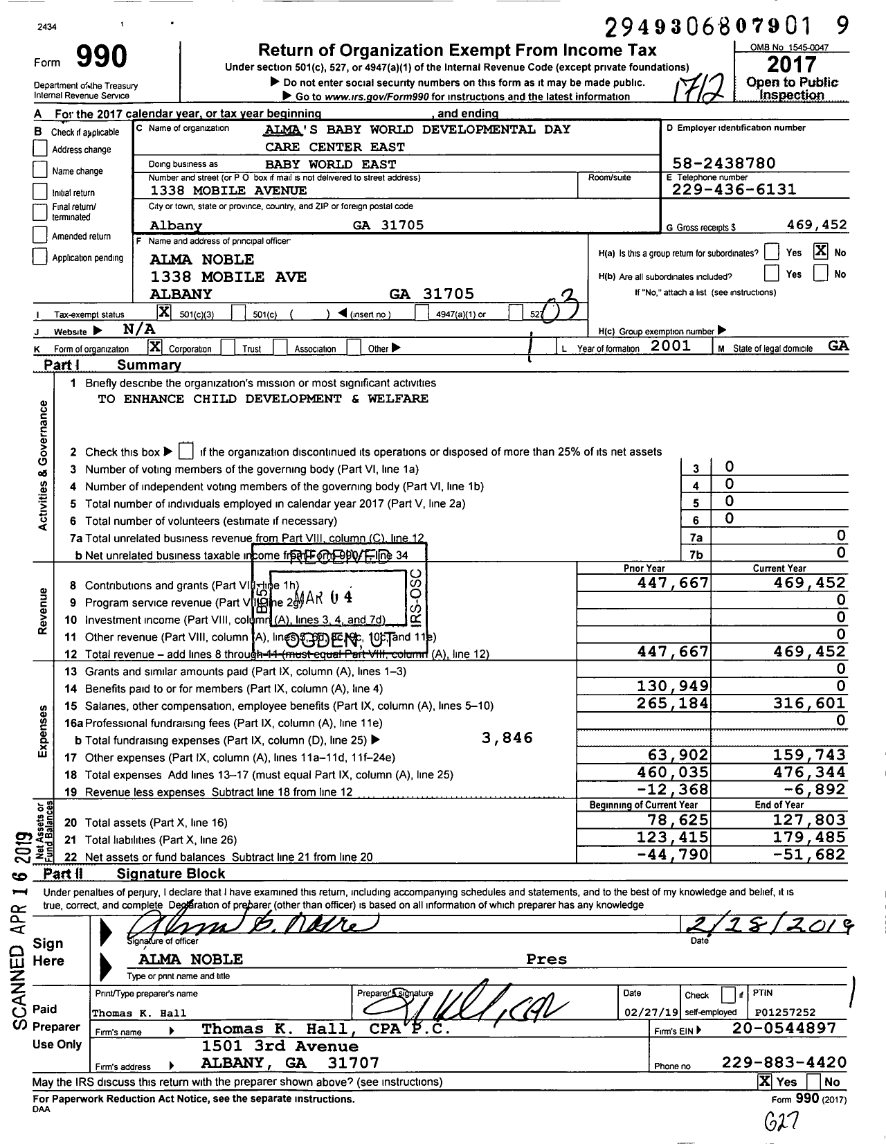 Image of first page of 2017 Form 990 for Alma's Baby World Developmental Day Care Center East