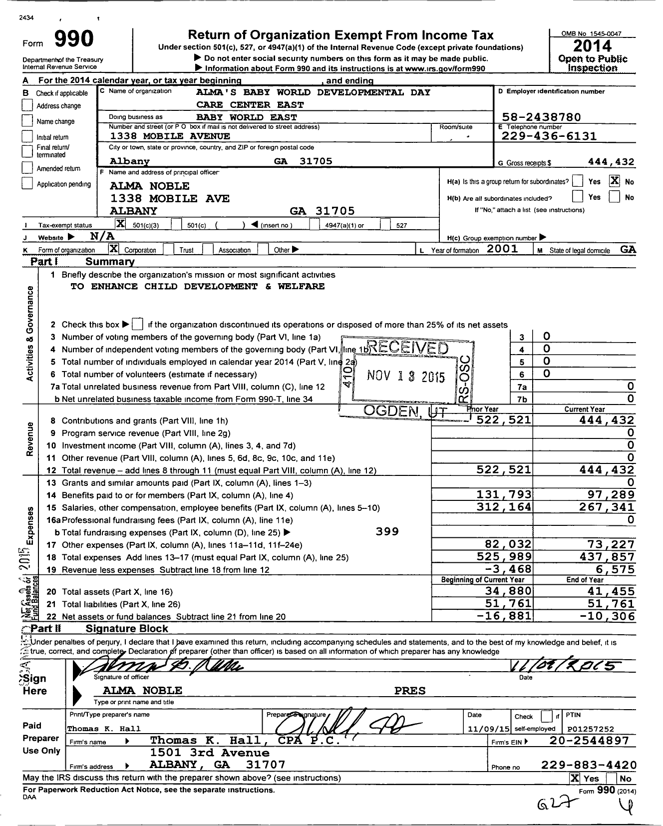 Image of first page of 2014 Form 990 for Alma's Baby World Developmental Day Care Center East