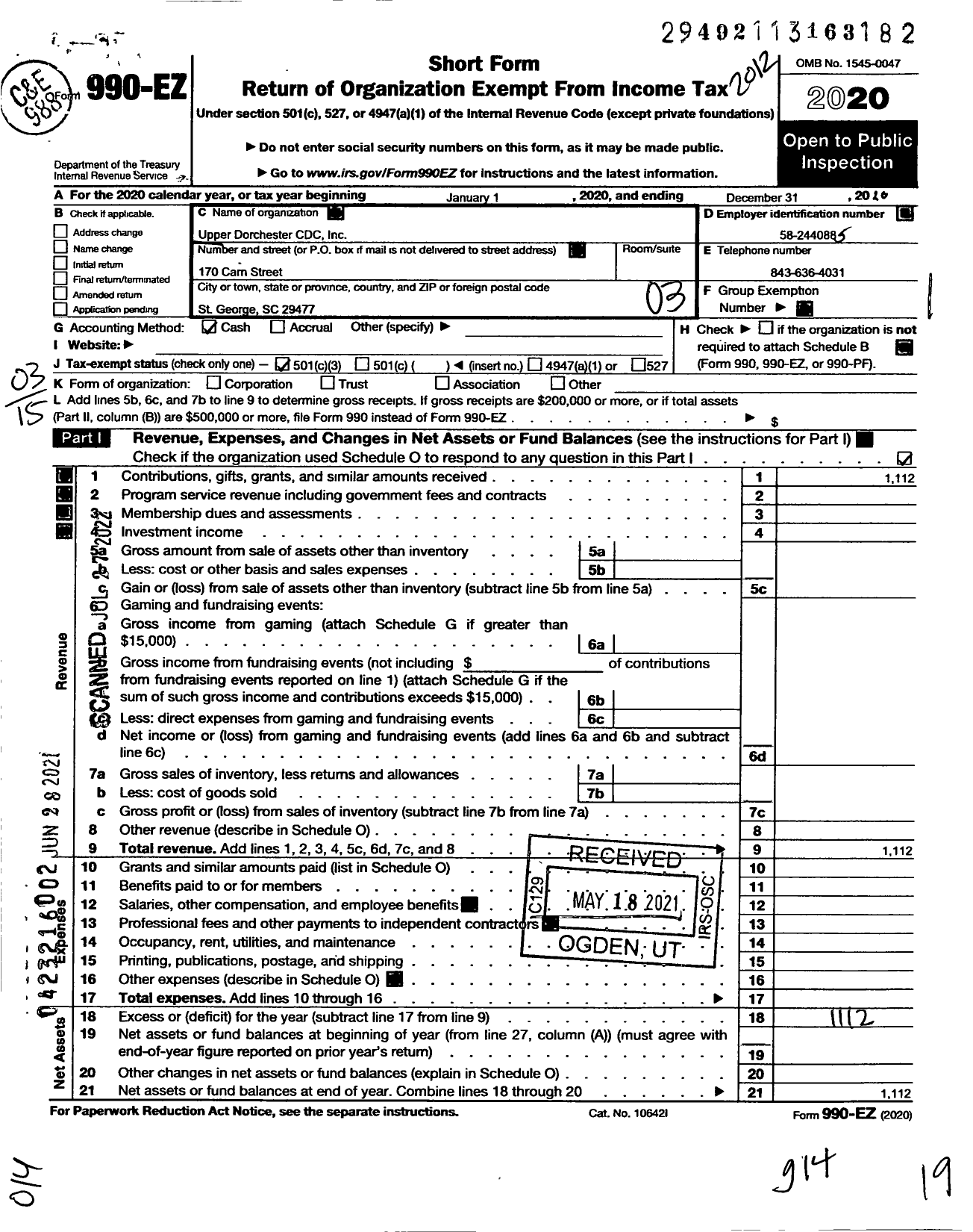 Image of first page of 2020 Form 990EZ for Upper Dorchester CDC