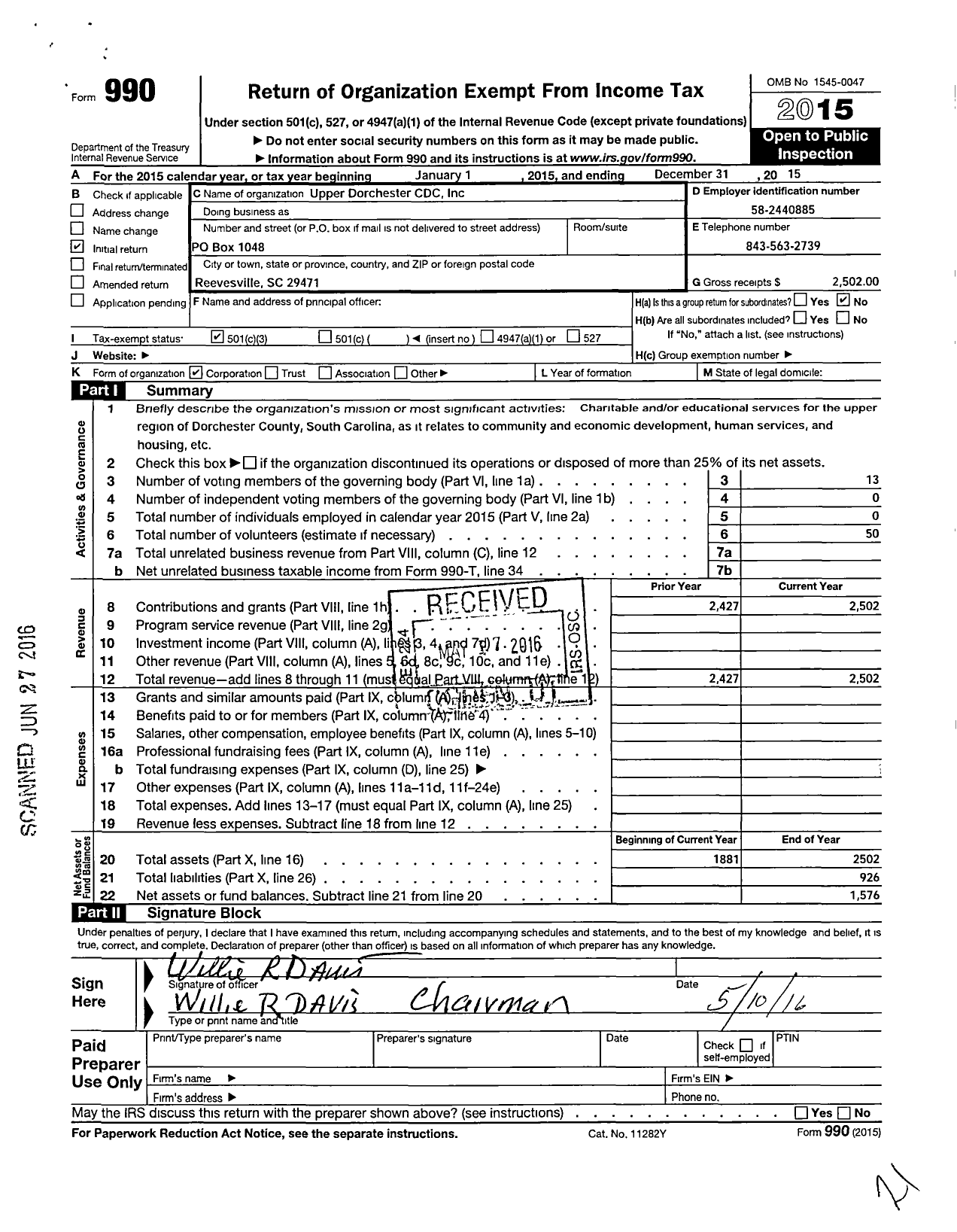 Image of first page of 2015 Form 990 for Upper Dorchester CDC