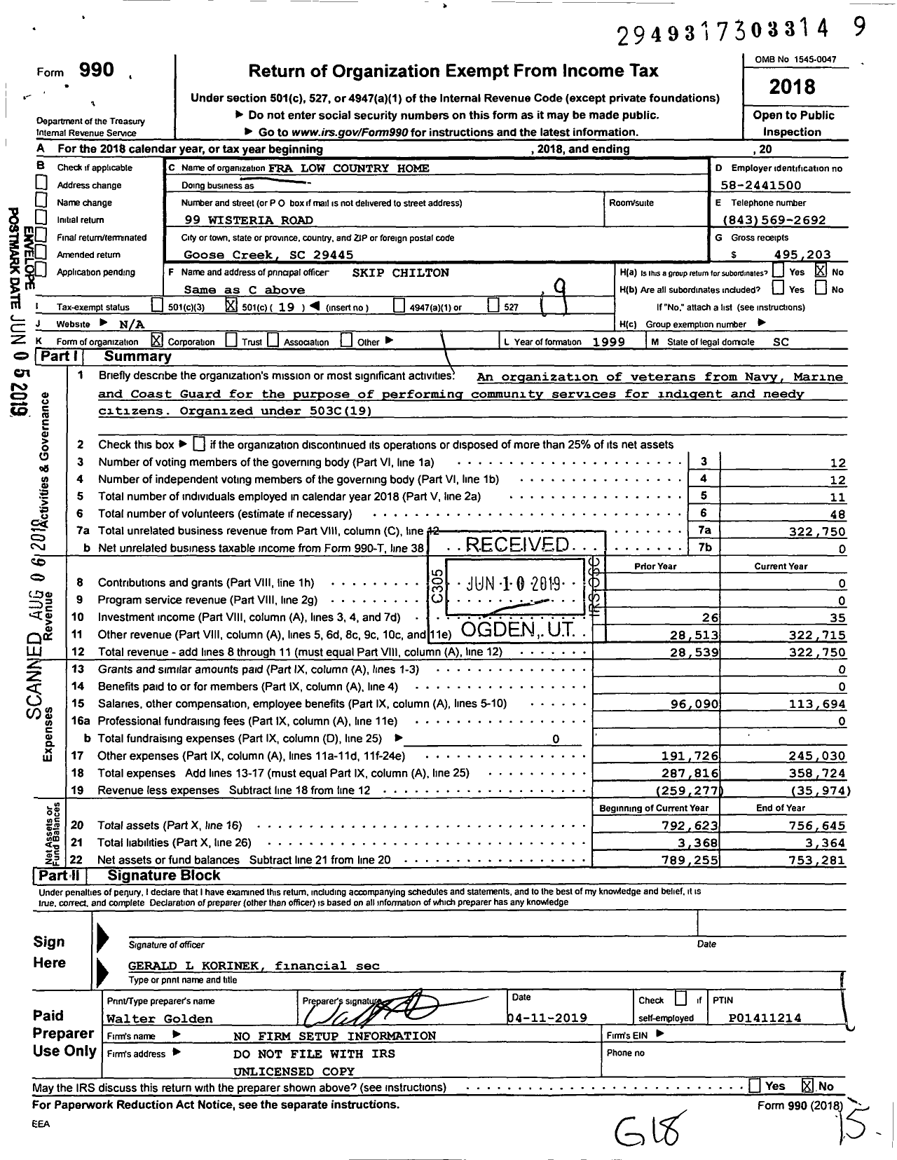 Image of first page of 2018 Form 990O for Fra Lowcountry Country Home