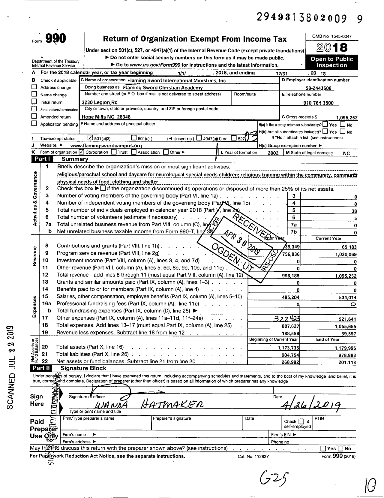 Image of first page of 2018 Form 990 for Flaming Sword Christian Academy and Daycare