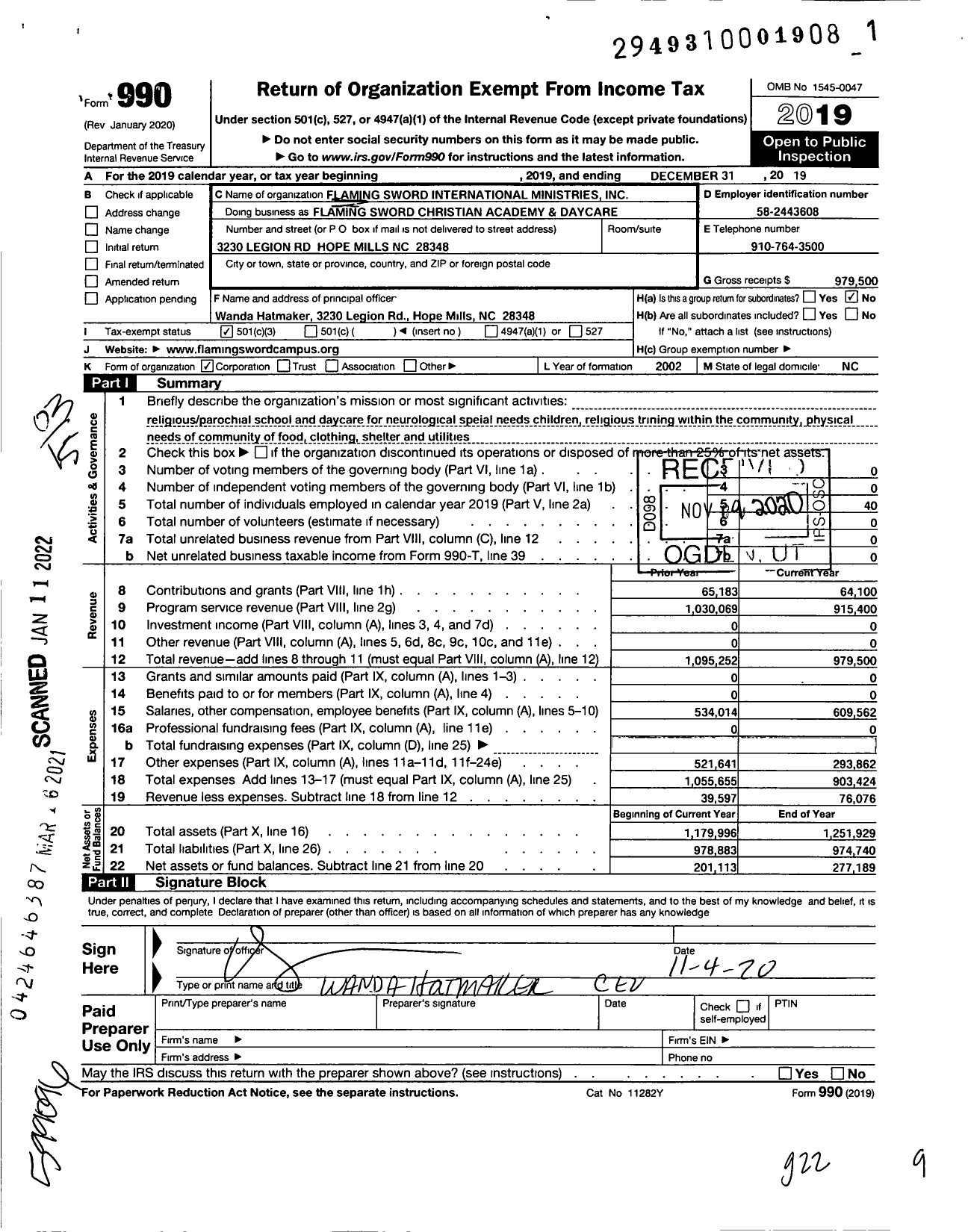 Image of first page of 2019 Form 990 for Flaming Sword Christian Academy and Daycare