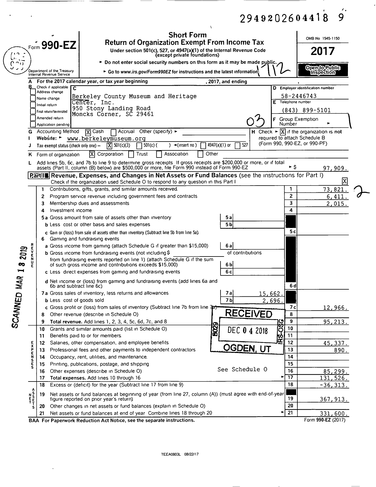 Image of first page of 2017 Form 990EZ for Berkeley County Museum and Heritage