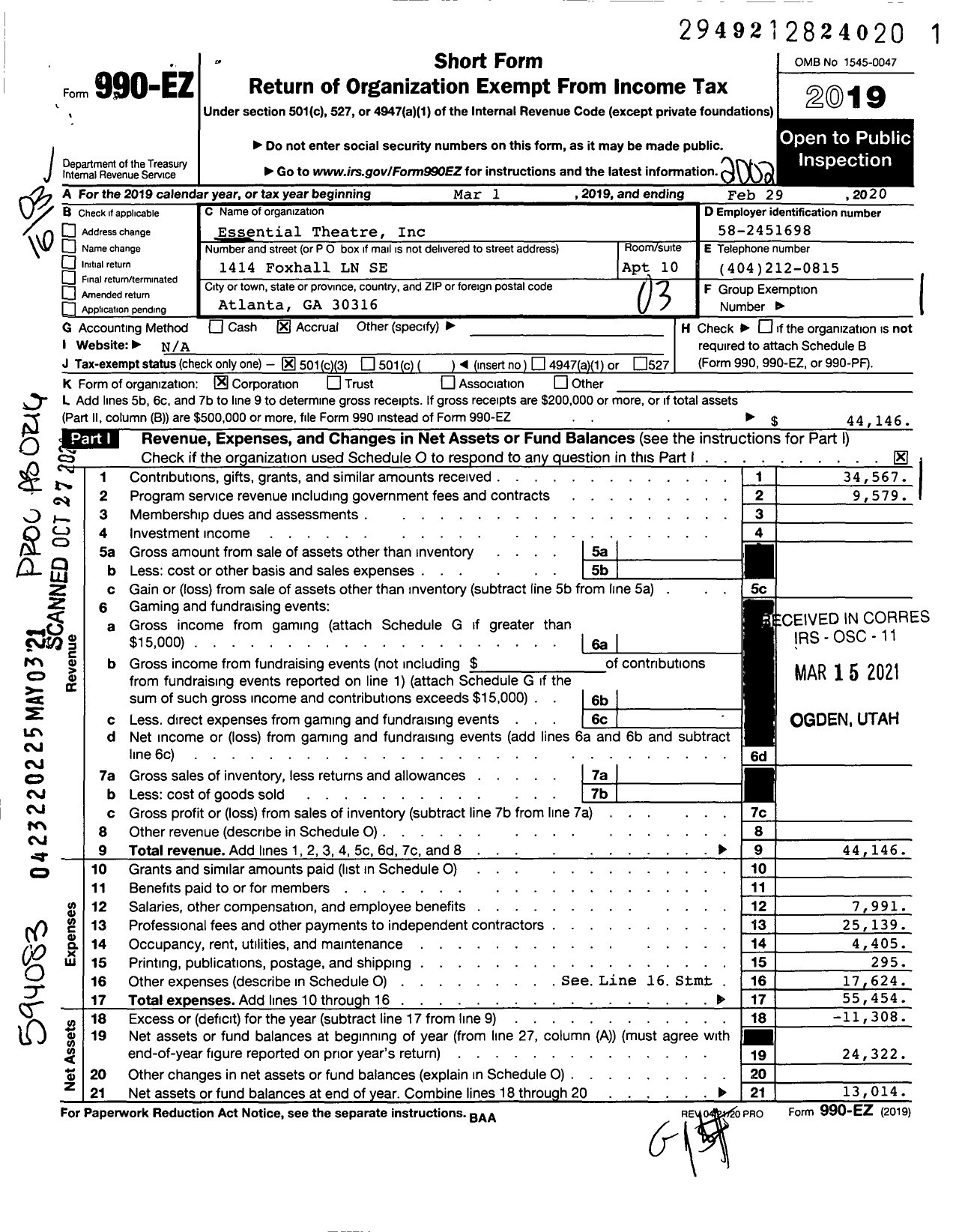 Image of first page of 2019 Form 990EZ for Essential Theatre