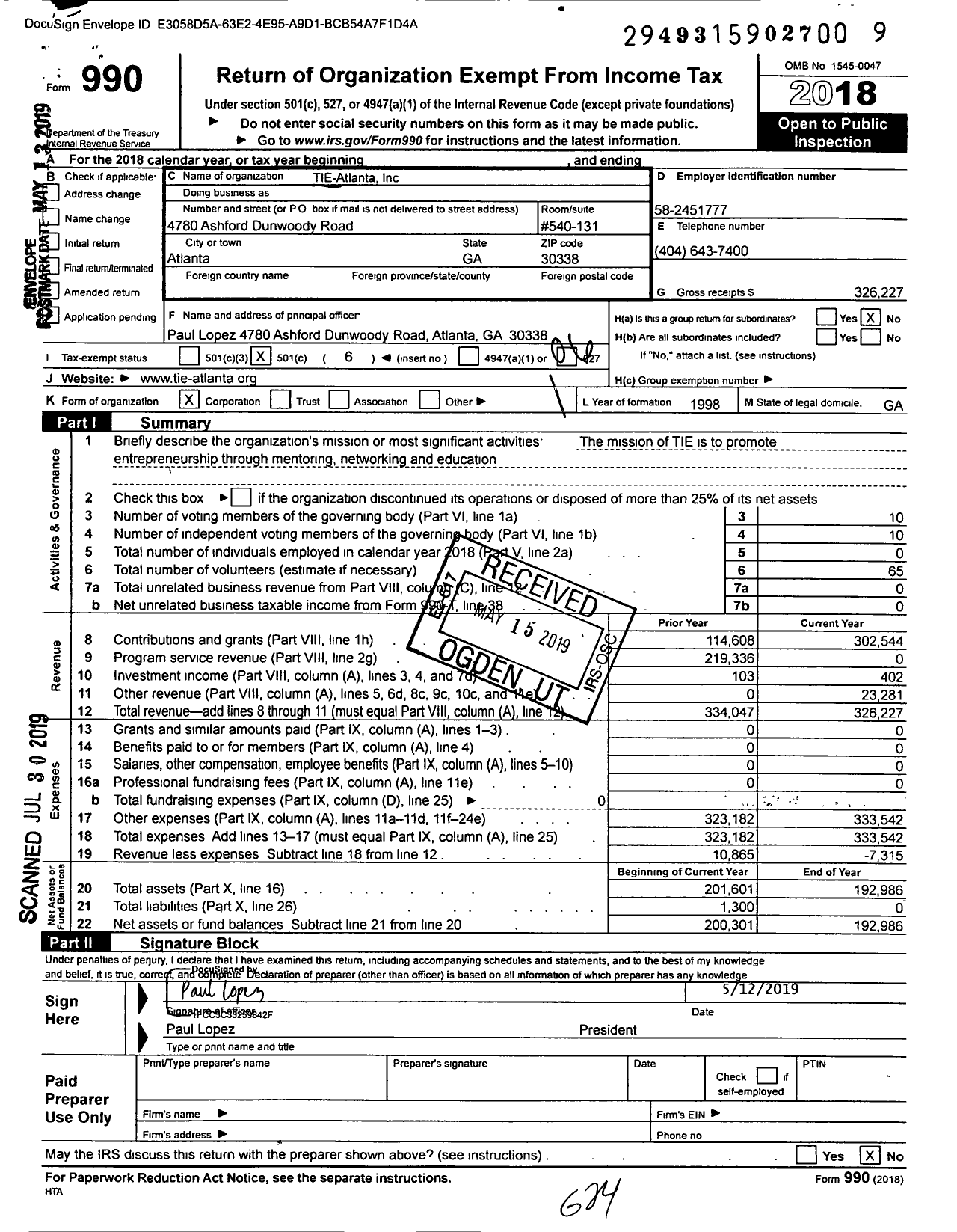 Image of first page of 2018 Form 990O for TIE-Atlanta