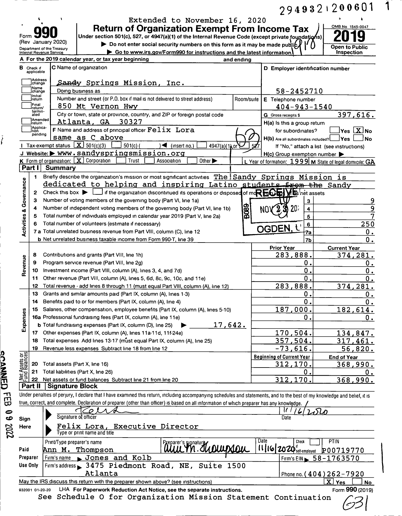 Image of first page of 2019 Form 990 for Sandy Springs Mission