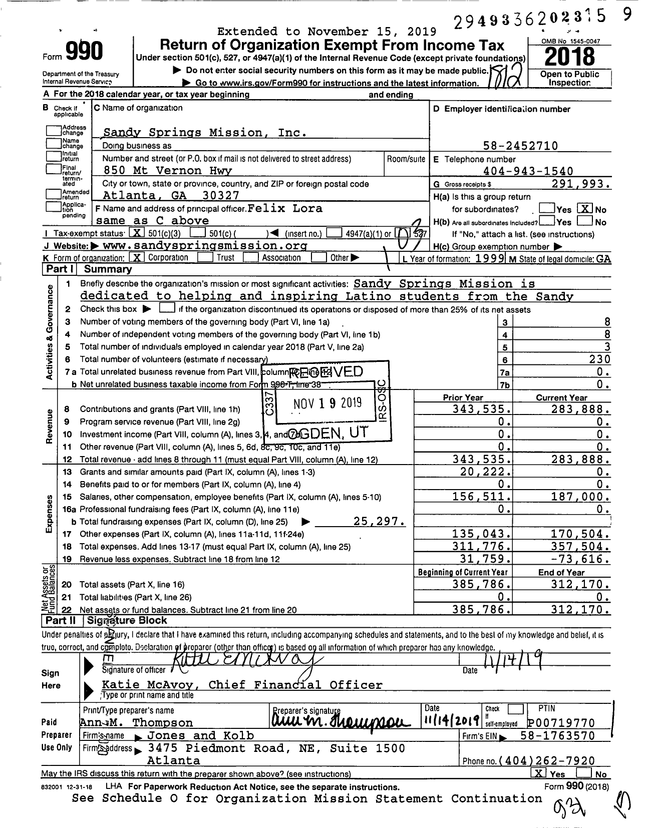 Image of first page of 2018 Form 990 for Sandy Springs Mission