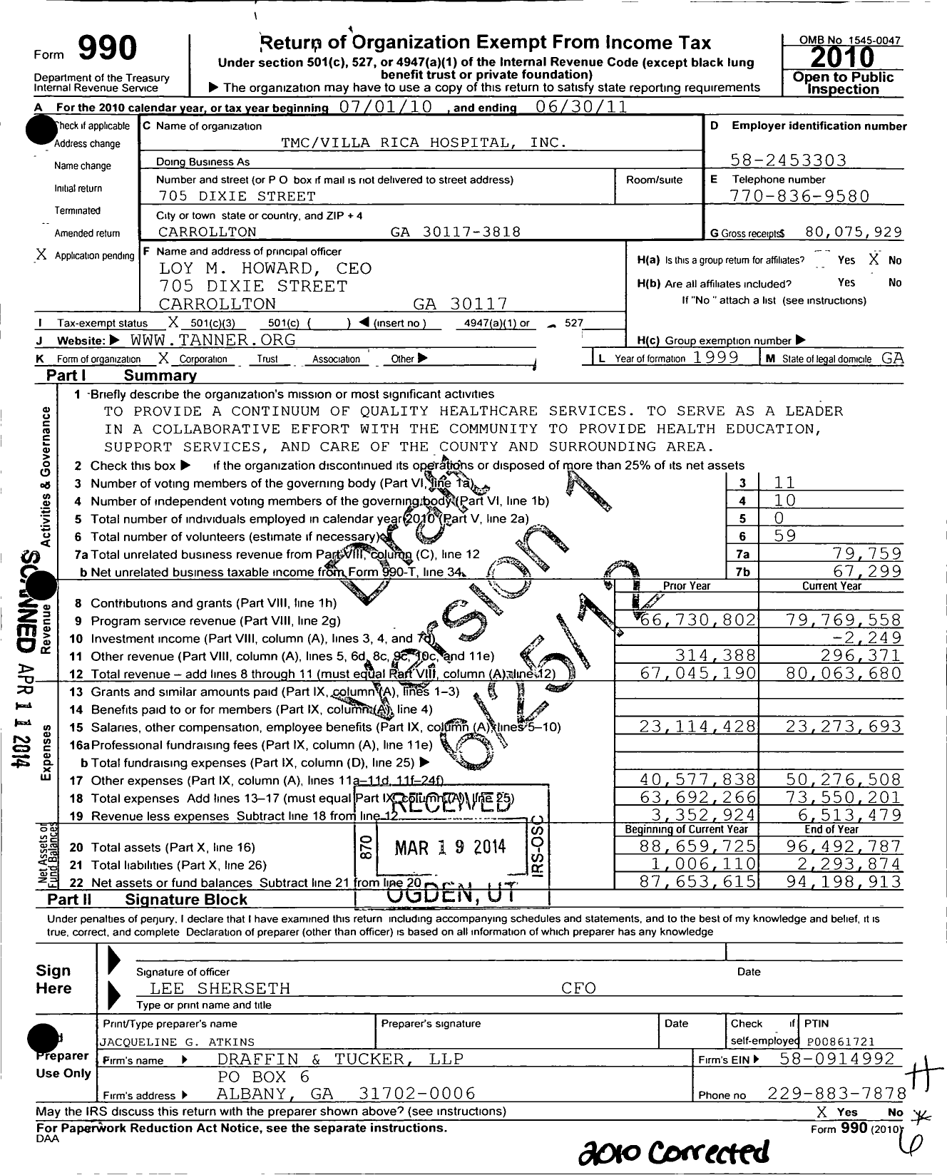 Image of first page of 2010 Form 990 for Tanner Medical Center Villa Rica