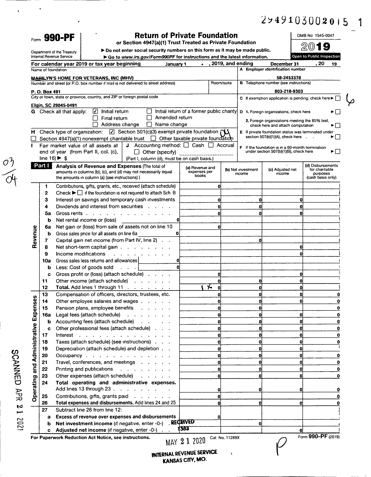 Image of first page of 2019 Form 990PF for Marilyns Home for Veterans