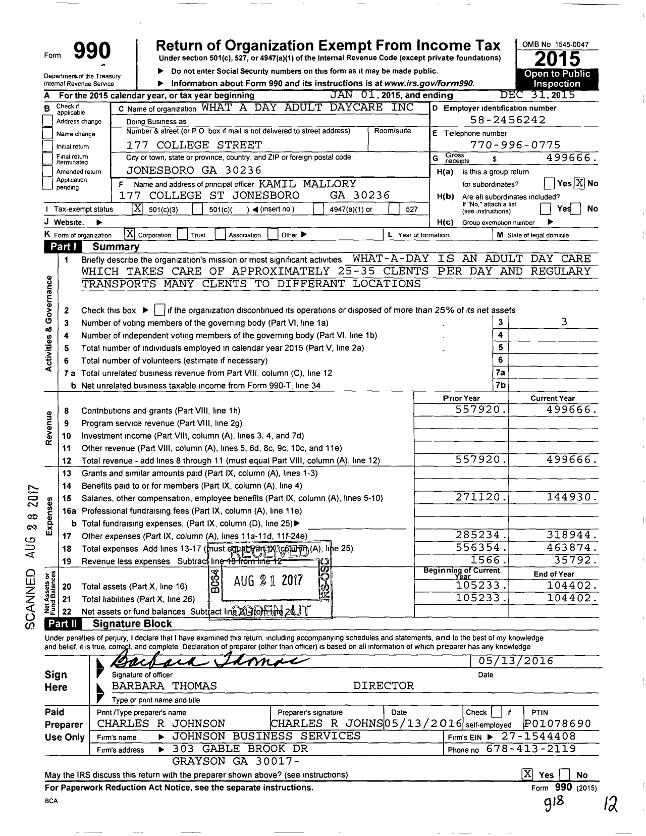 Image of first page of 2015 Form 990 for What A Day Adult Daycare