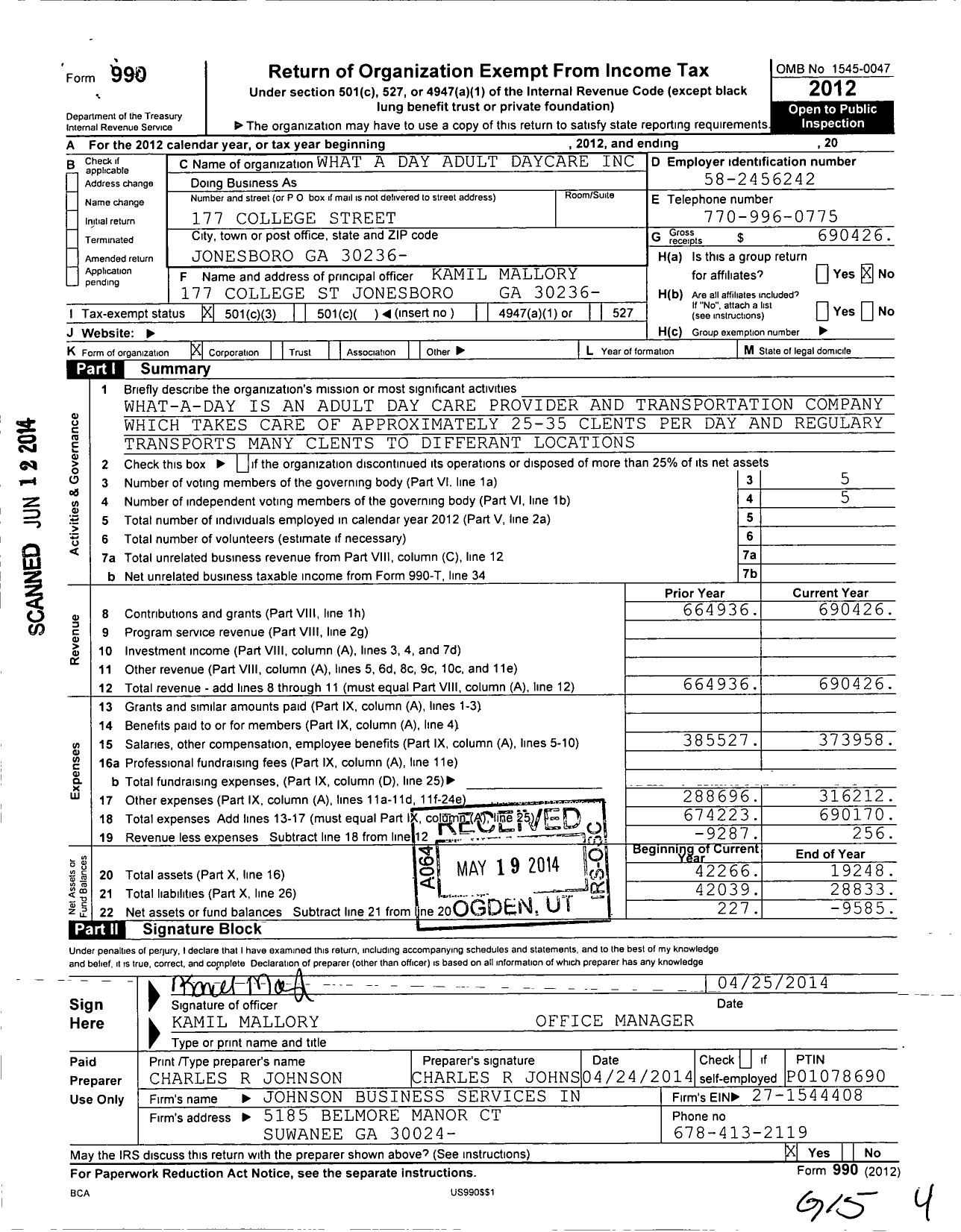 Image of first page of 2012 Form 990 for What A Day Adult Daycare