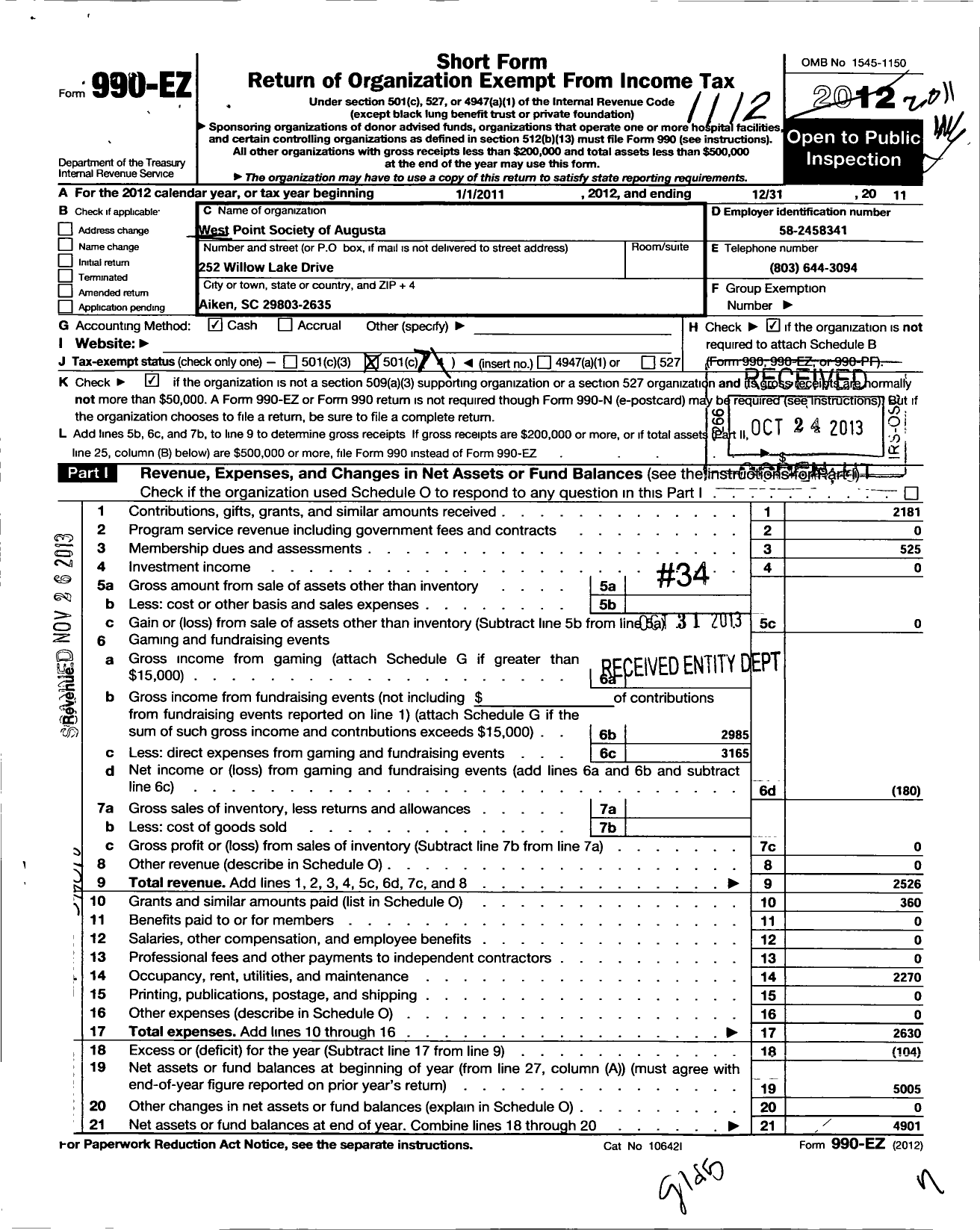 Image of first page of 2011 Form 990EO for West Point Society of Augusta