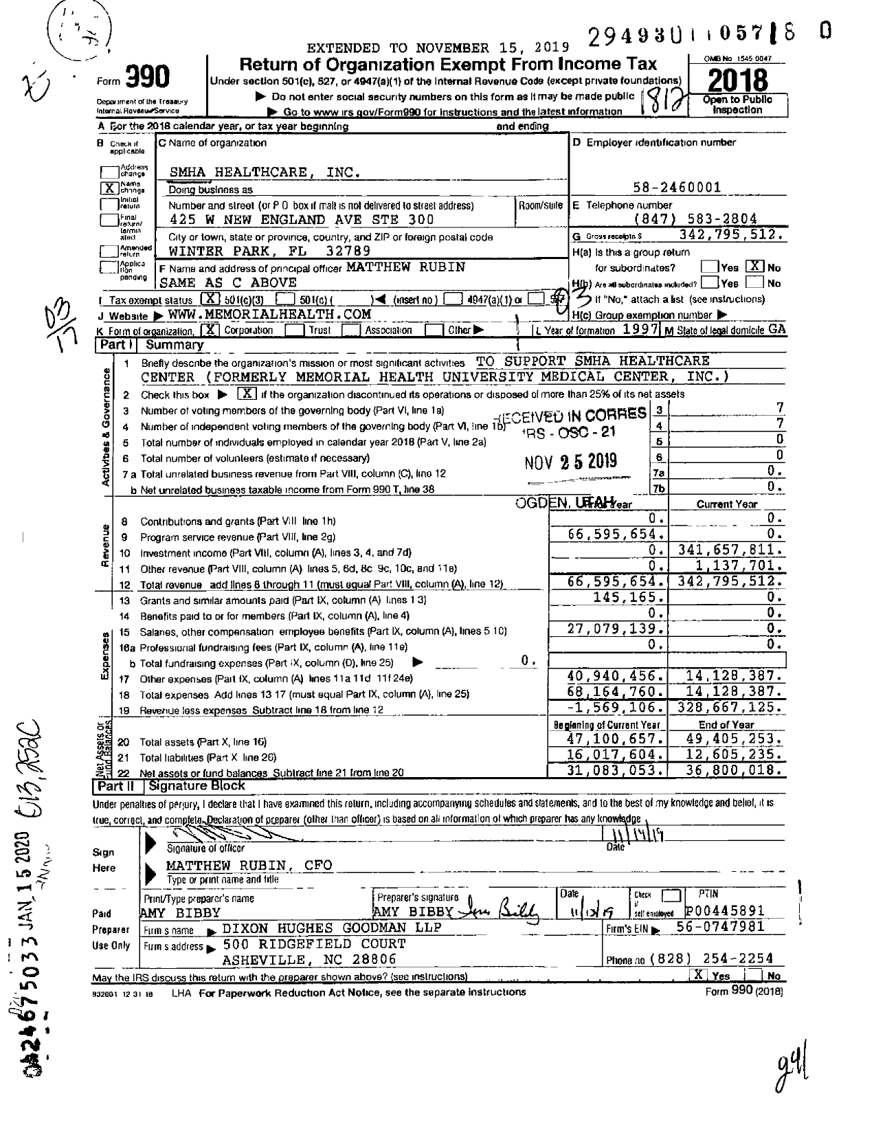Image of first page of 2018 Form 990 for Smha Healthcare
