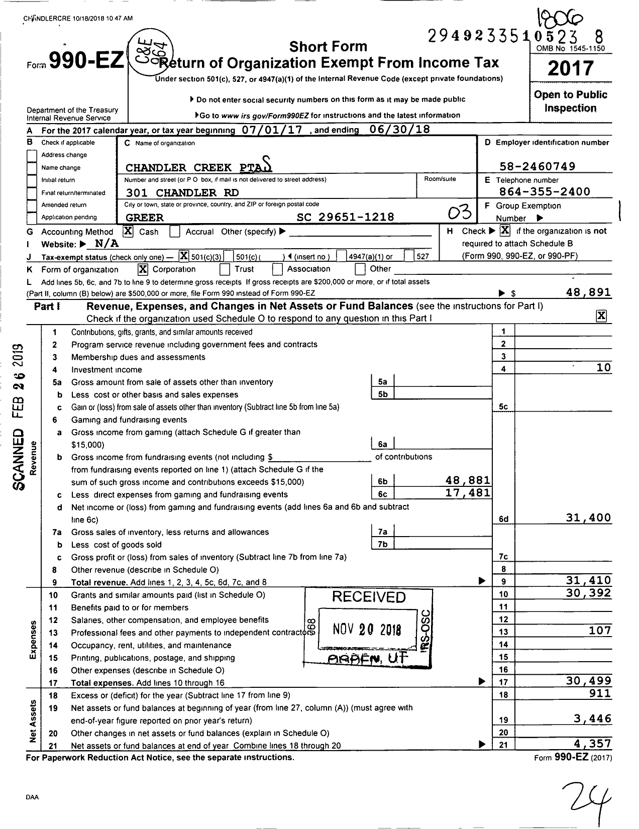 Image of first page of 2017 Form 990EZ for Chandler Creek PTA