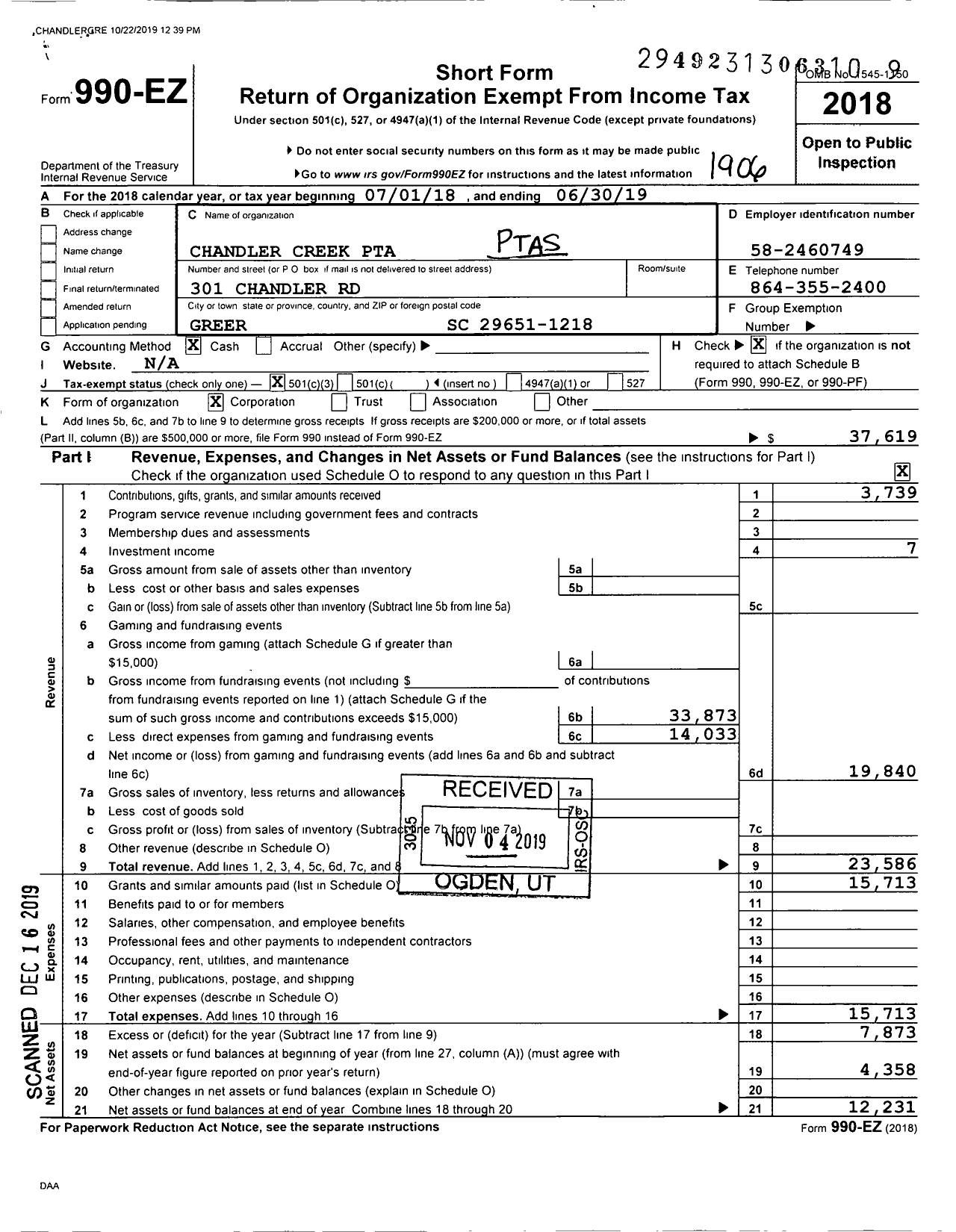 Image of first page of 2018 Form 990EZ for Chandler Creek PTA