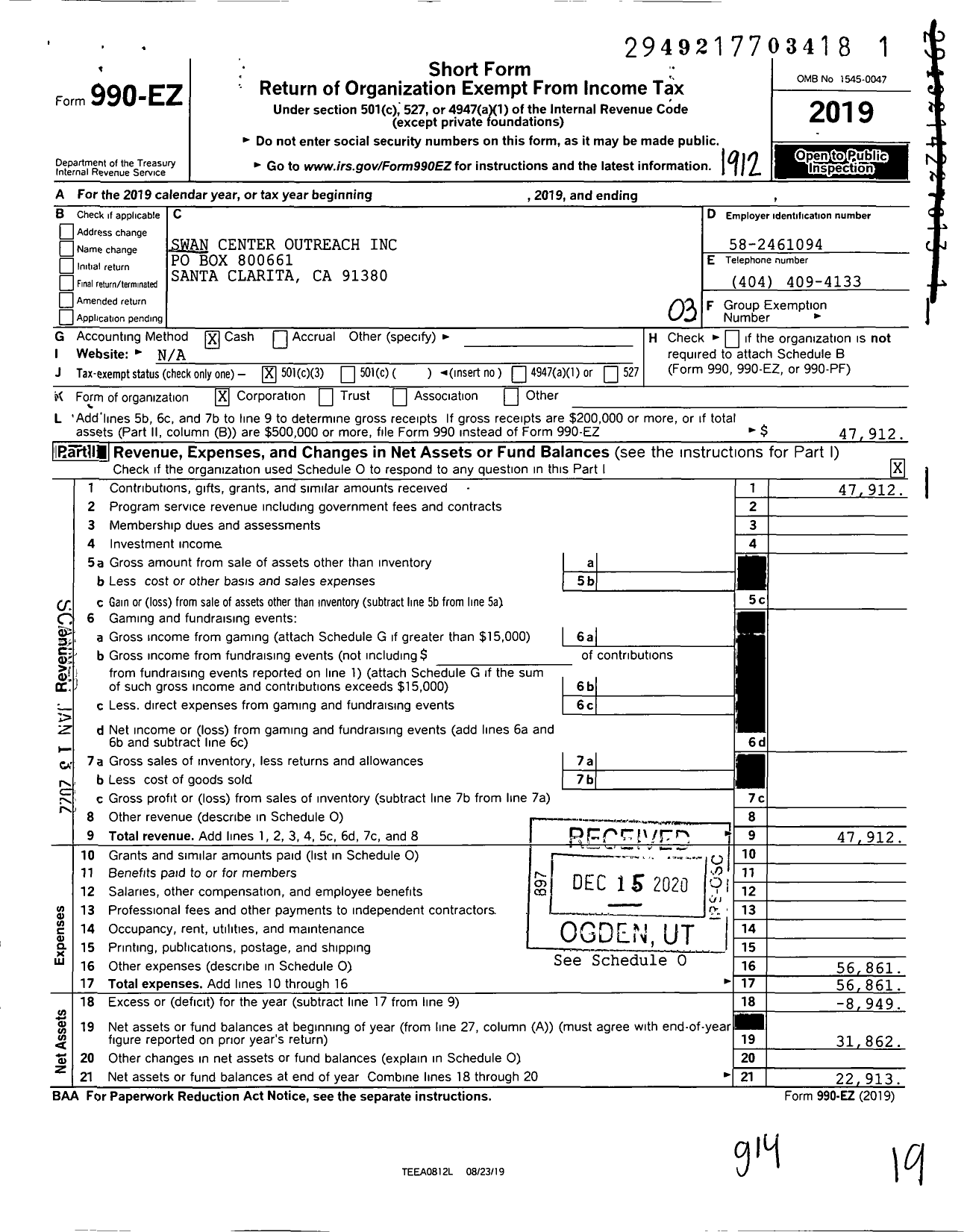 Image of first page of 2019 Form 990EZ for Swan Center Outreach