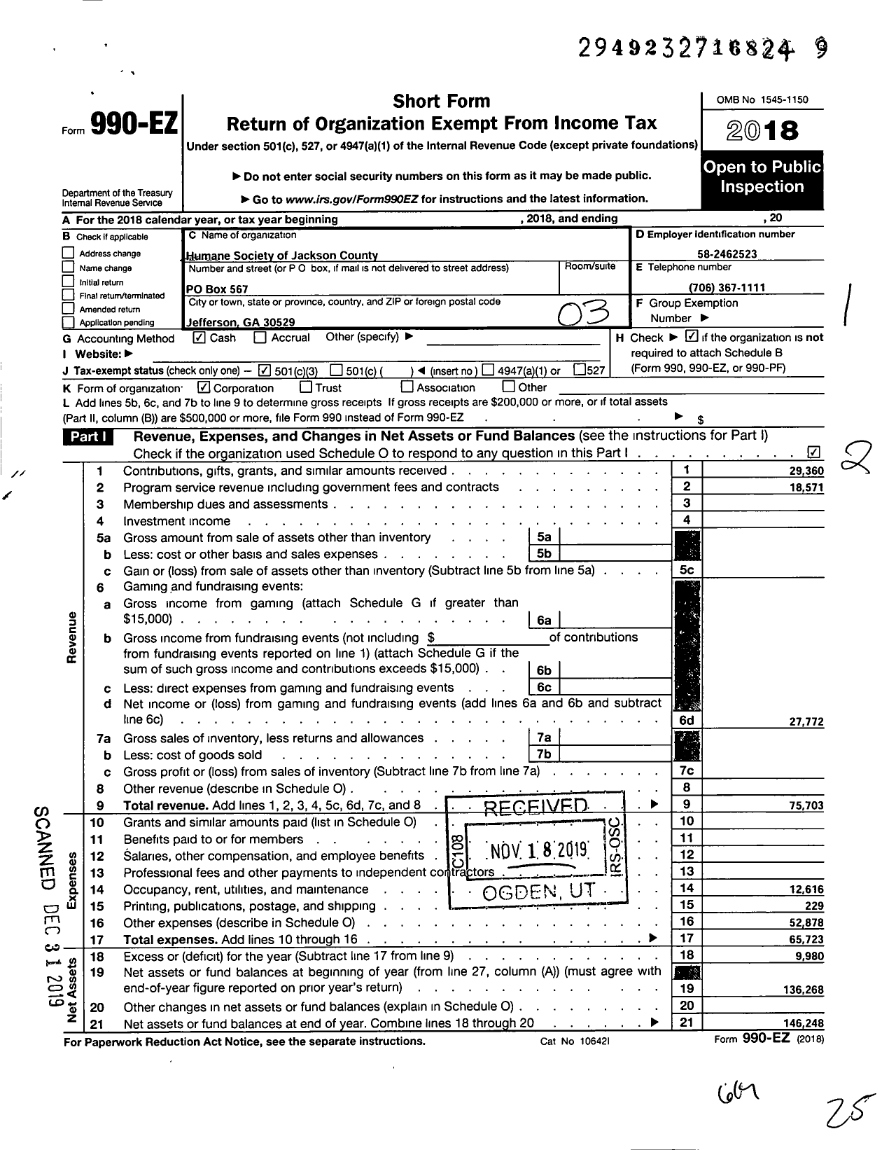 Image of first page of 2018 Form 990EZ for Humane Society of Jackson County