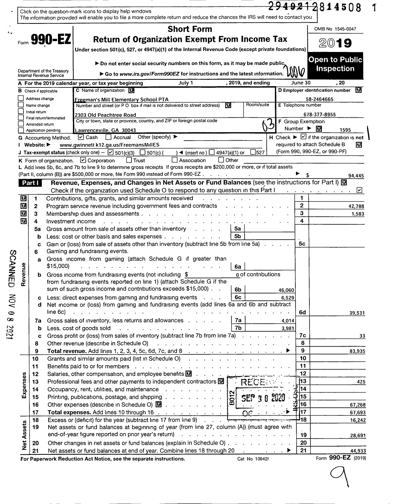 Image of first page of 2019 Form 990EZ for Georgia PTA - Freemans Mill Es PTA