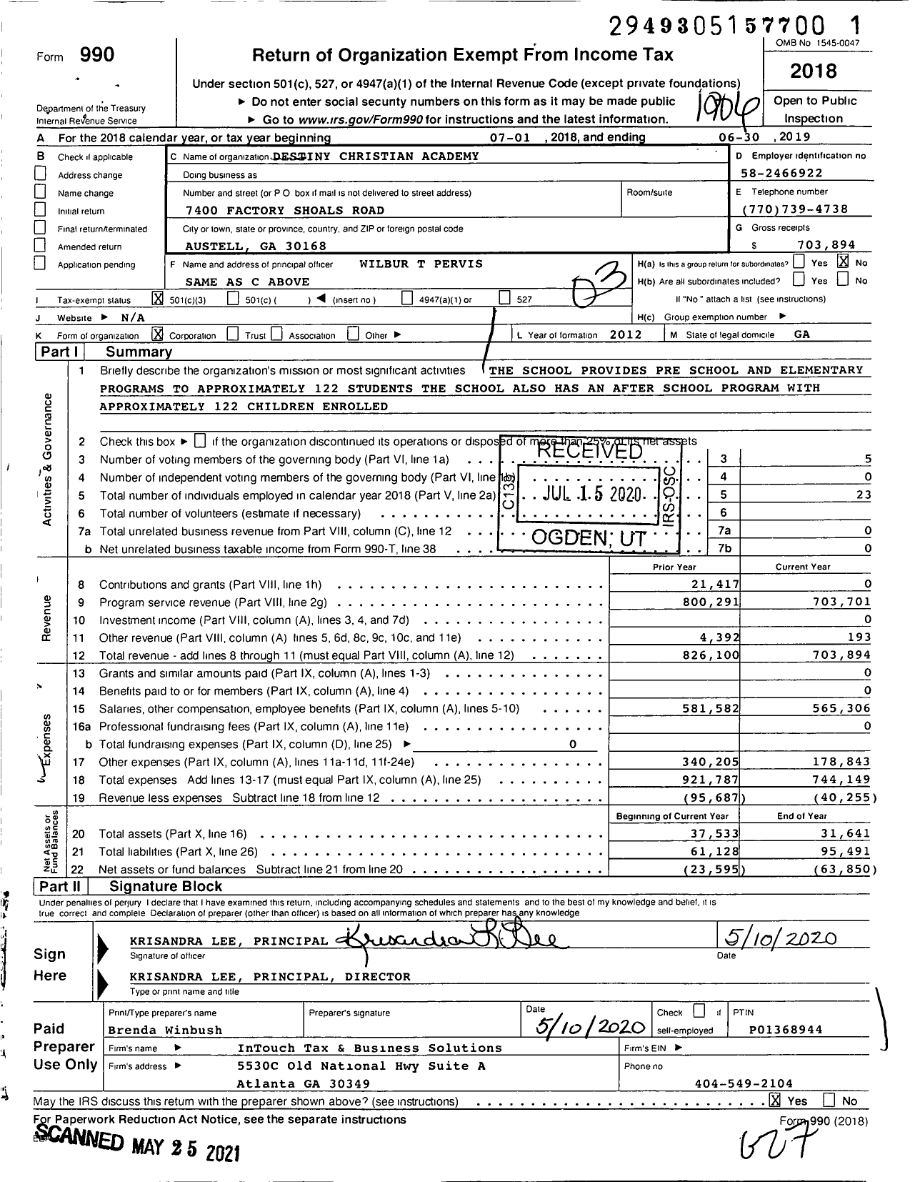 Image of first page of 2018 Form 990 for Destiny Christian Academy