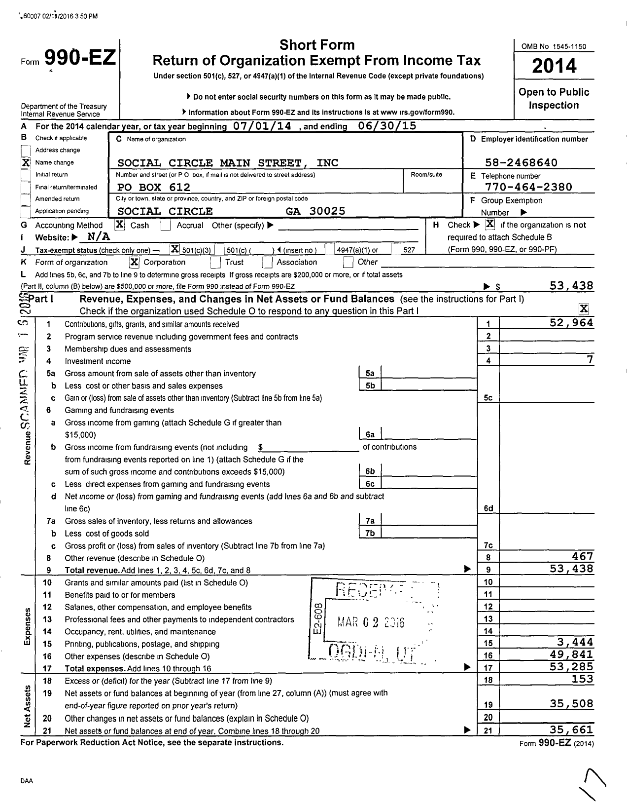 Image of first page of 2014 Form 990EZ for SOCIAL CIRCLE Foundation
