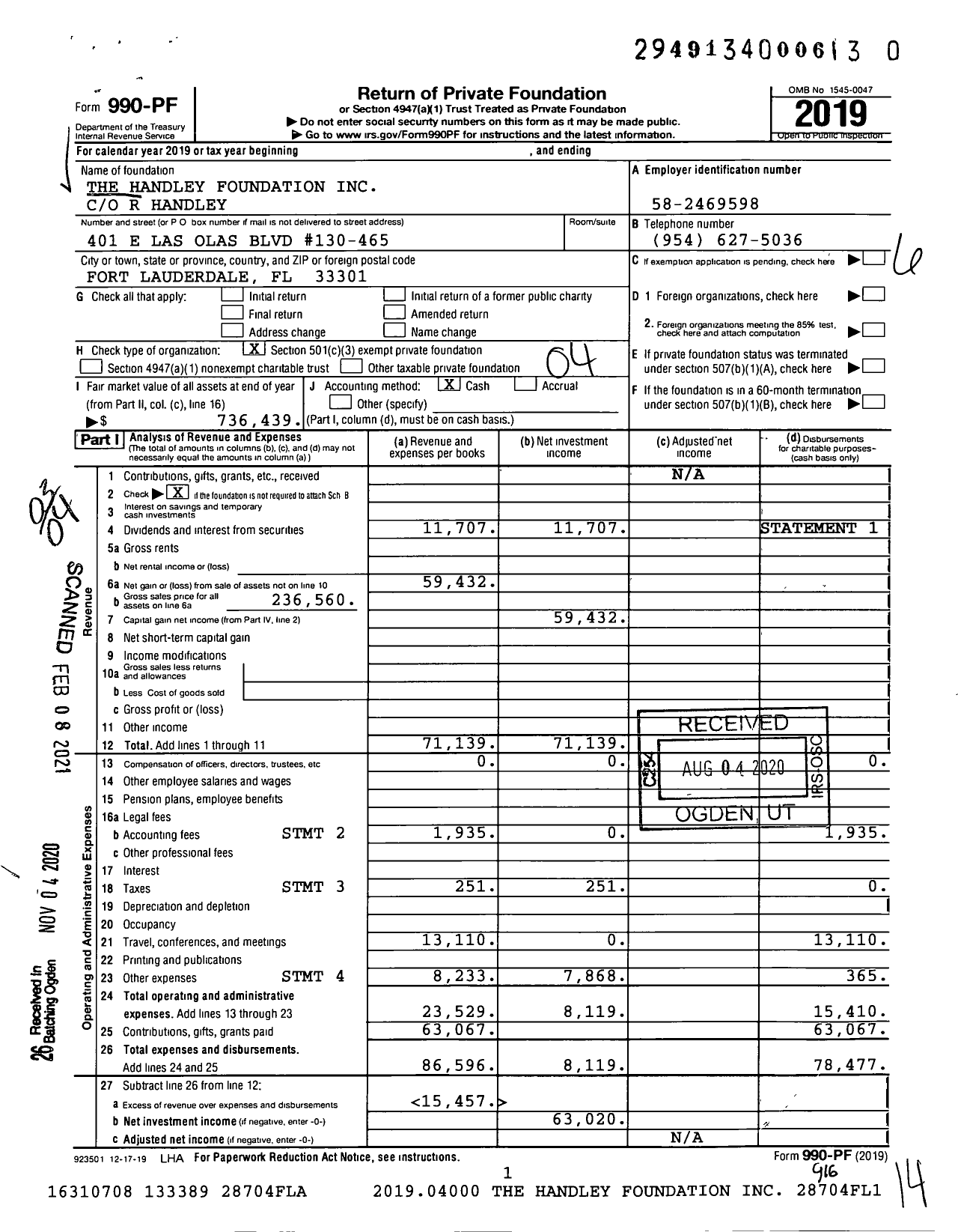 Image of first page of 2019 Form 990PF for The Handley Foundation