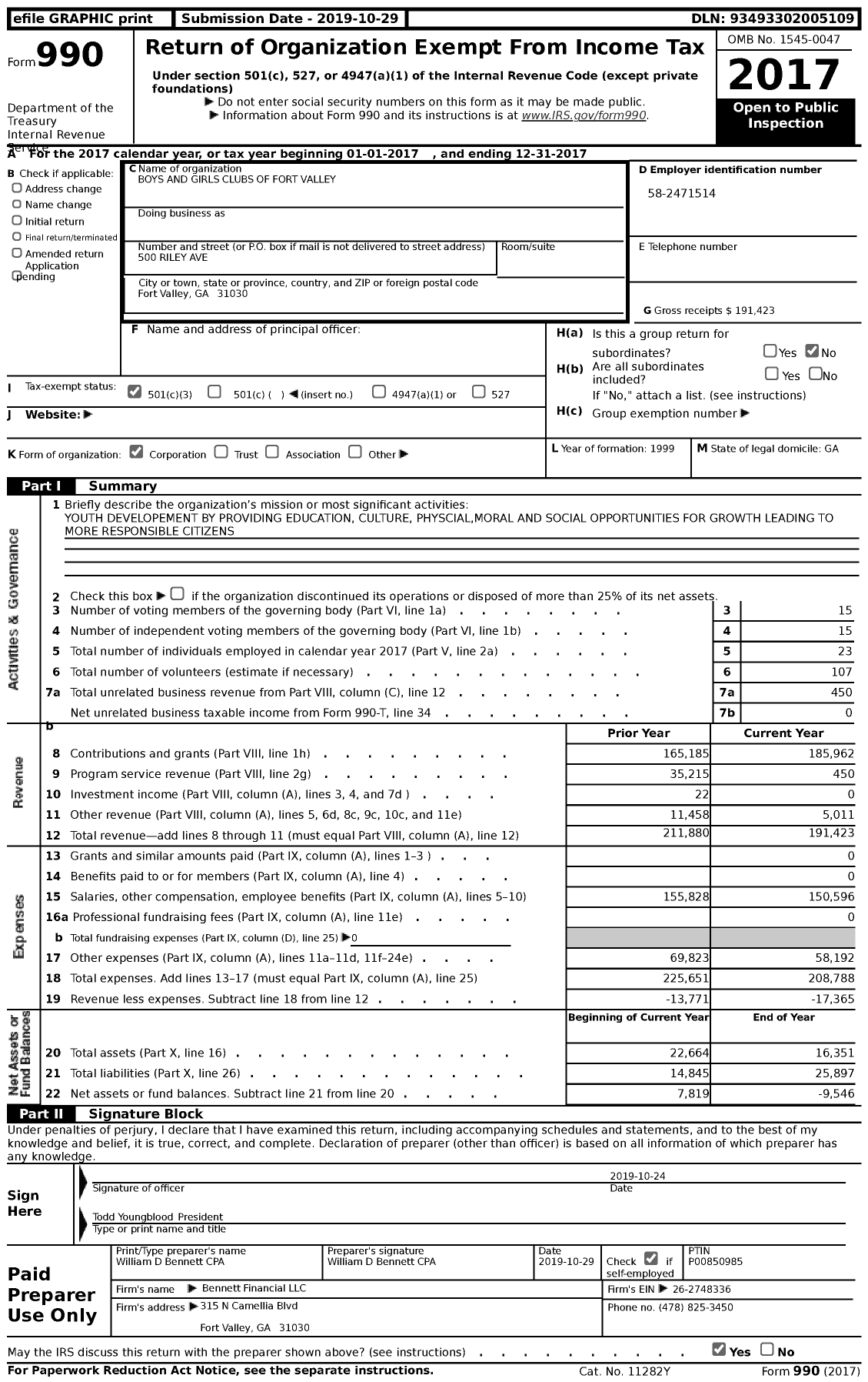 Image of first page of 2017 Form 990 for Fort Valley Youth Center of Excellence