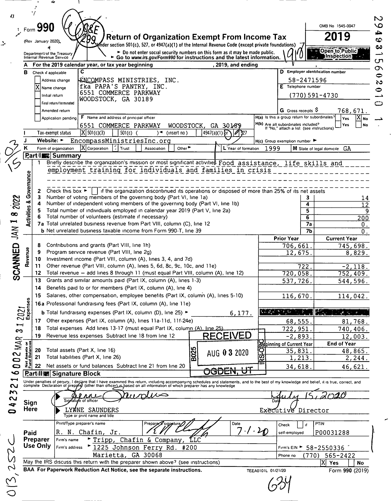 Image of first page of 2019 Form 990 for Encompass Ministries / Papas Pantry