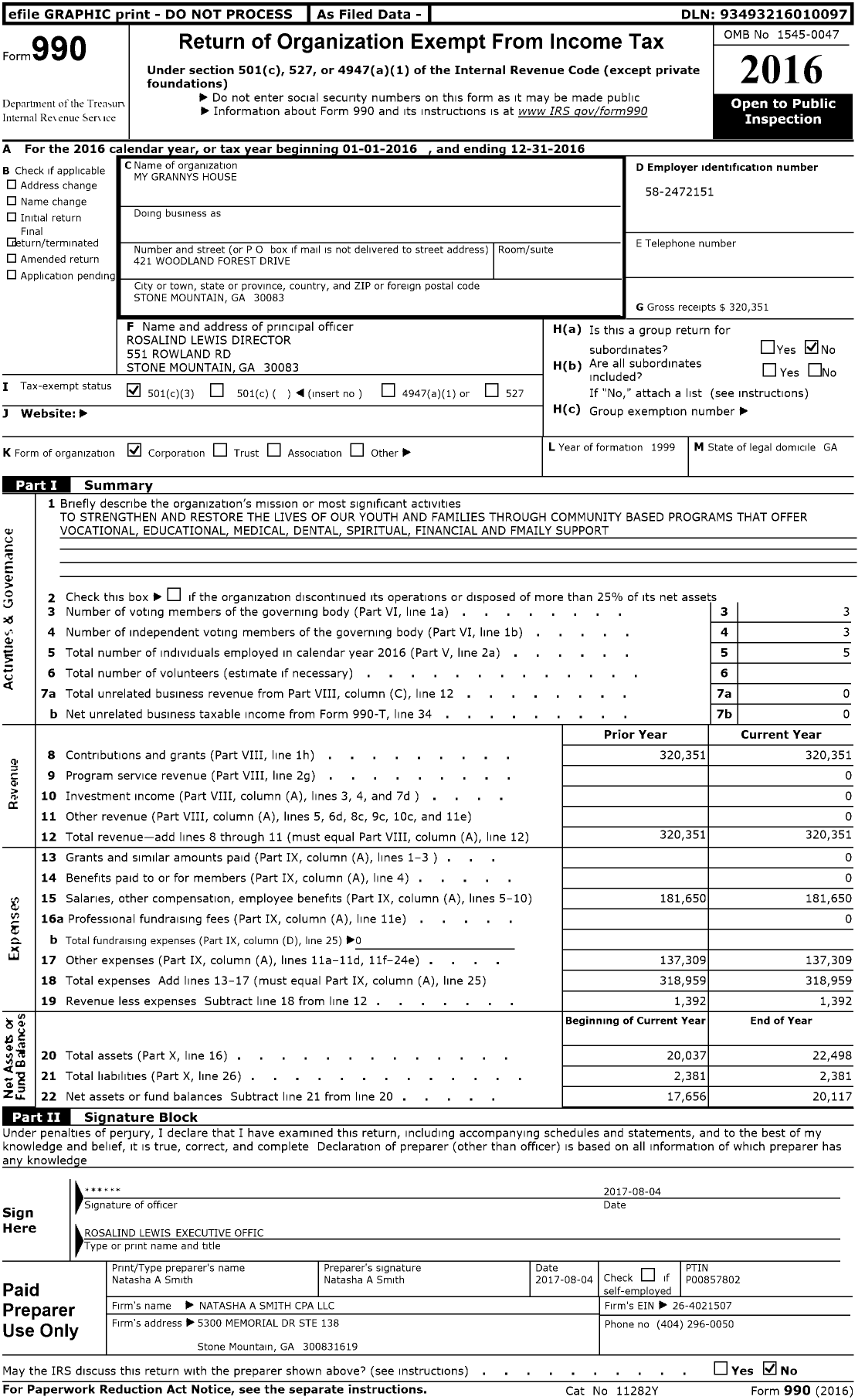 Image of first page of 2016 Form 990 for My Grannys House