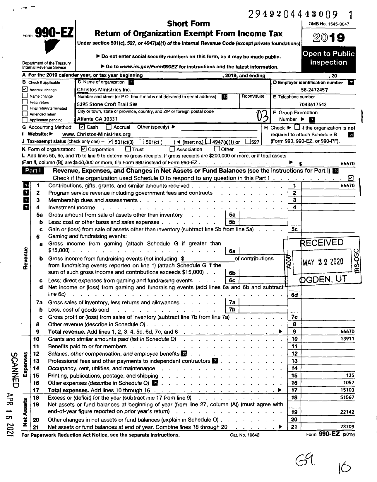 Image of first page of 2019 Form 990EZ for Christos Ministries