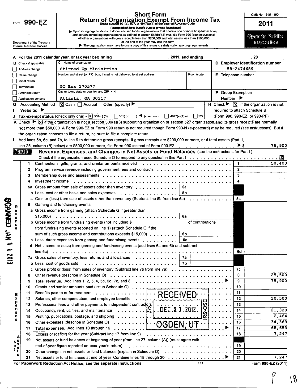 Image of first page of 2011 Form 990EZ for Stirred Up Ministries