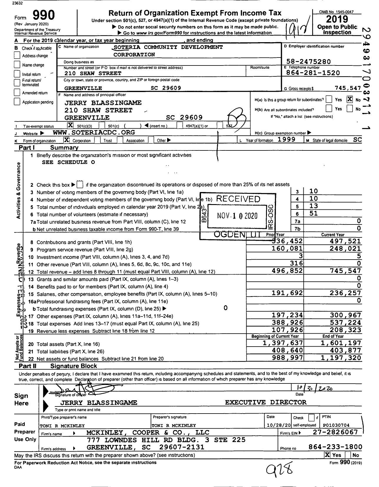 Image of first page of 2019 Form 990 for Soteria Community Development Corporation