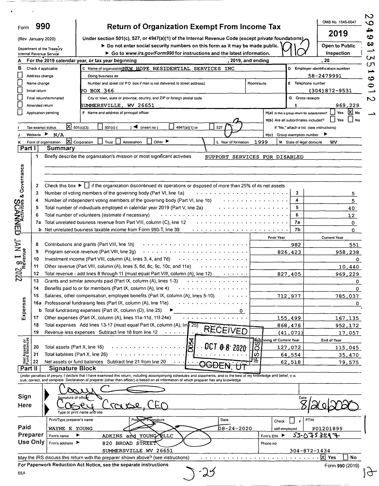 Image of first page of 2019 Form 990 for New Hope Residential Services