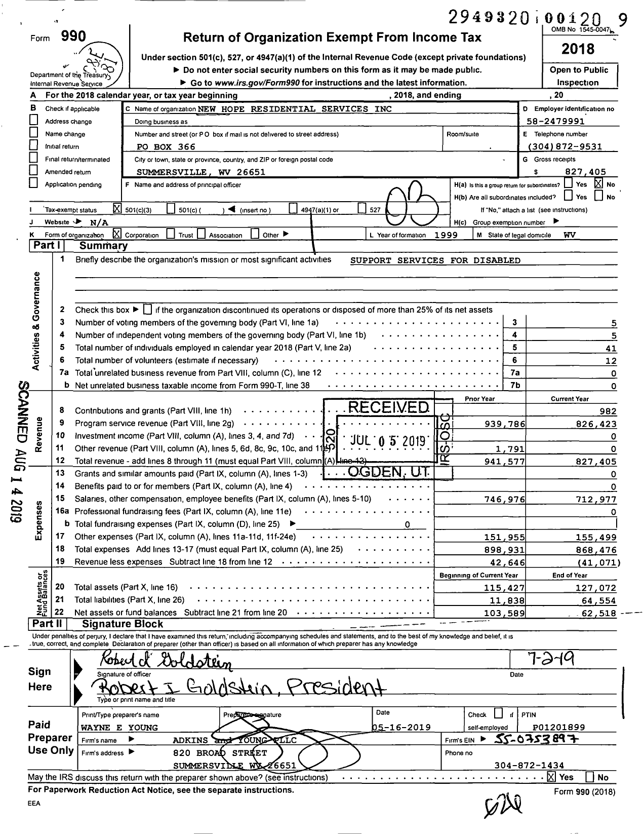 Image of first page of 2018 Form 990 for New Hope Residential Services